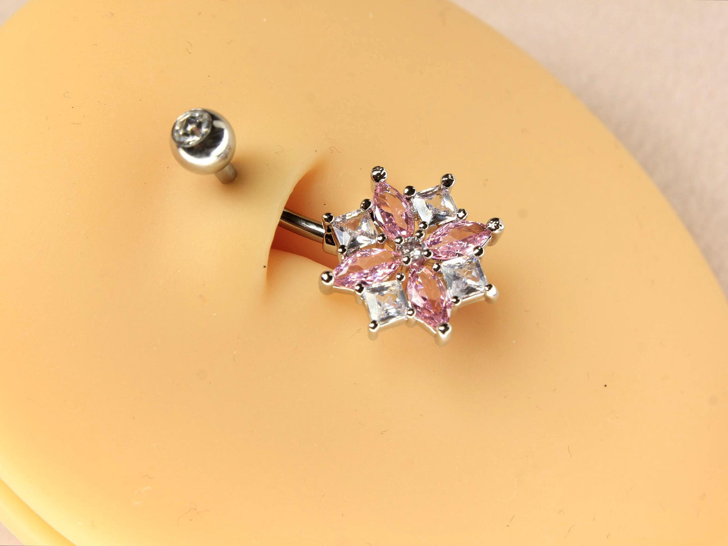 14G Floral Belly Ring, Dainty Pink Sparkling Clear Gem Belly Piercing, Navel Piercing Body Jewelry, Floating Navel Ring