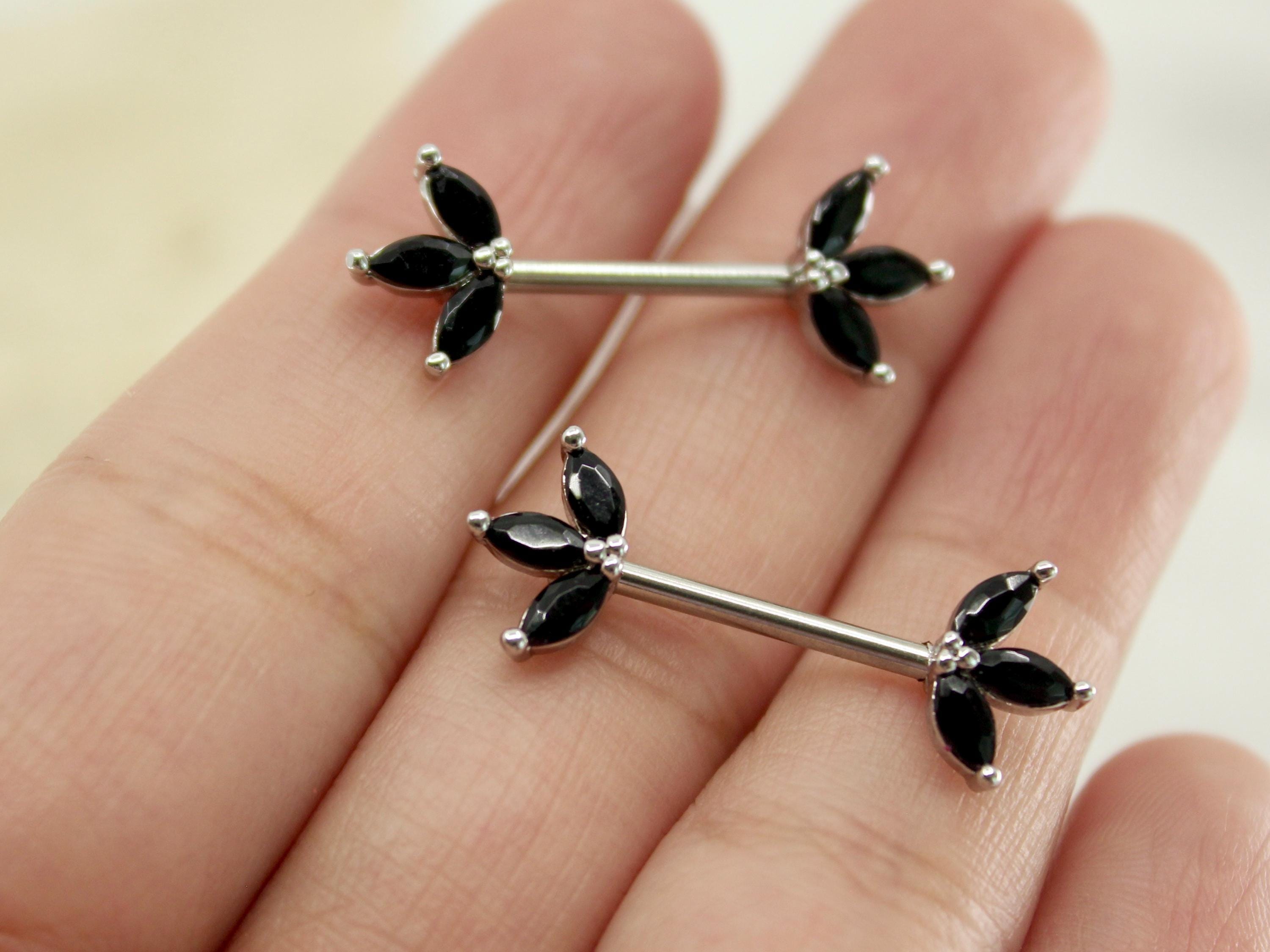 Black Marquise Leaf Nipple Barbell, 14g Floral Petal Black Nipple Ring Piercing Jewelry, Body Piercing Jewelry, Set of 2 Nipple Shield
