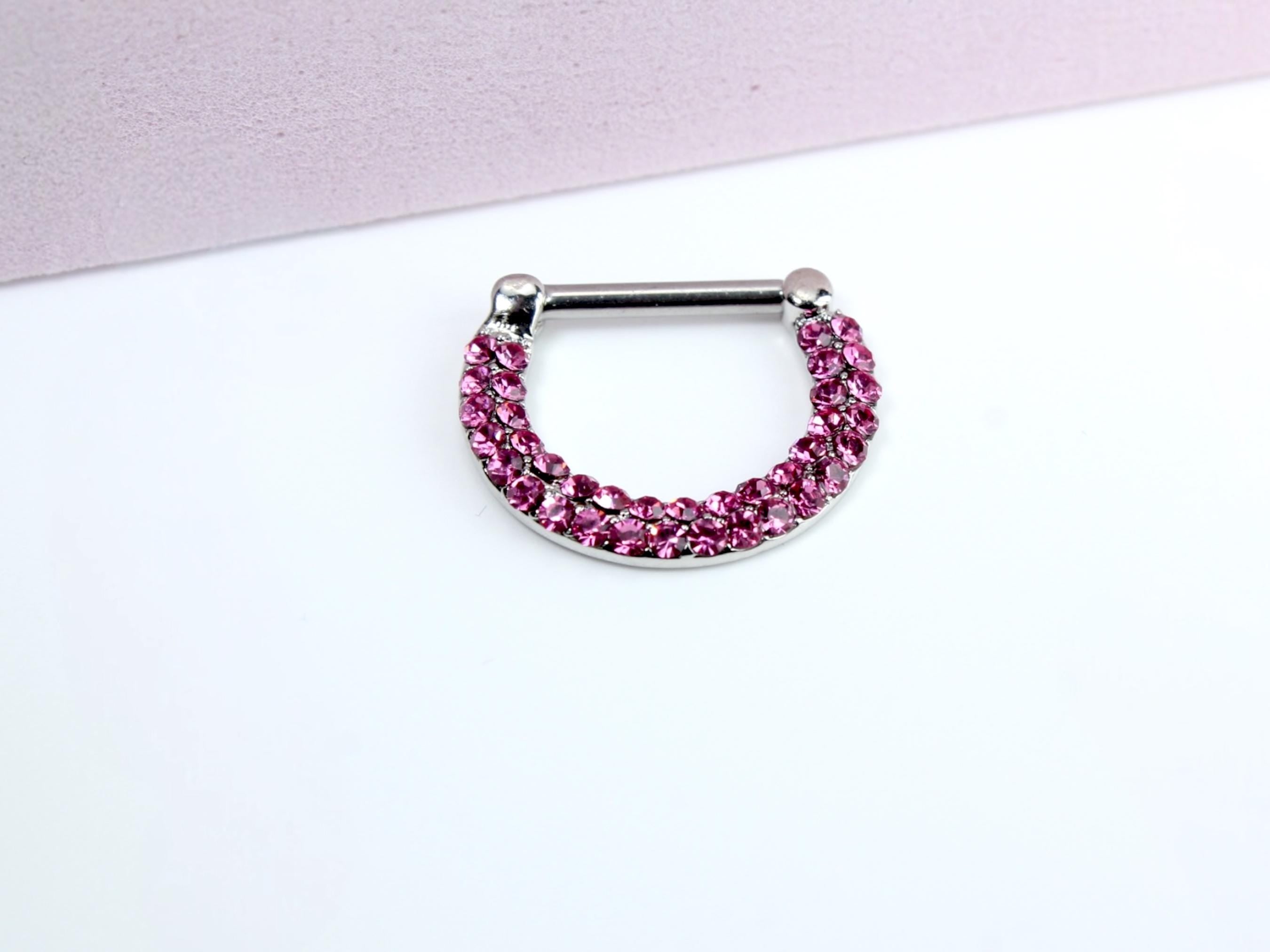 16G Septum Clicker Ring, Pink Double Line Crystal Gem Decor Hinged Septum Nose Piercing Jewelry, Dainty Nose Septum Hoop Ring,