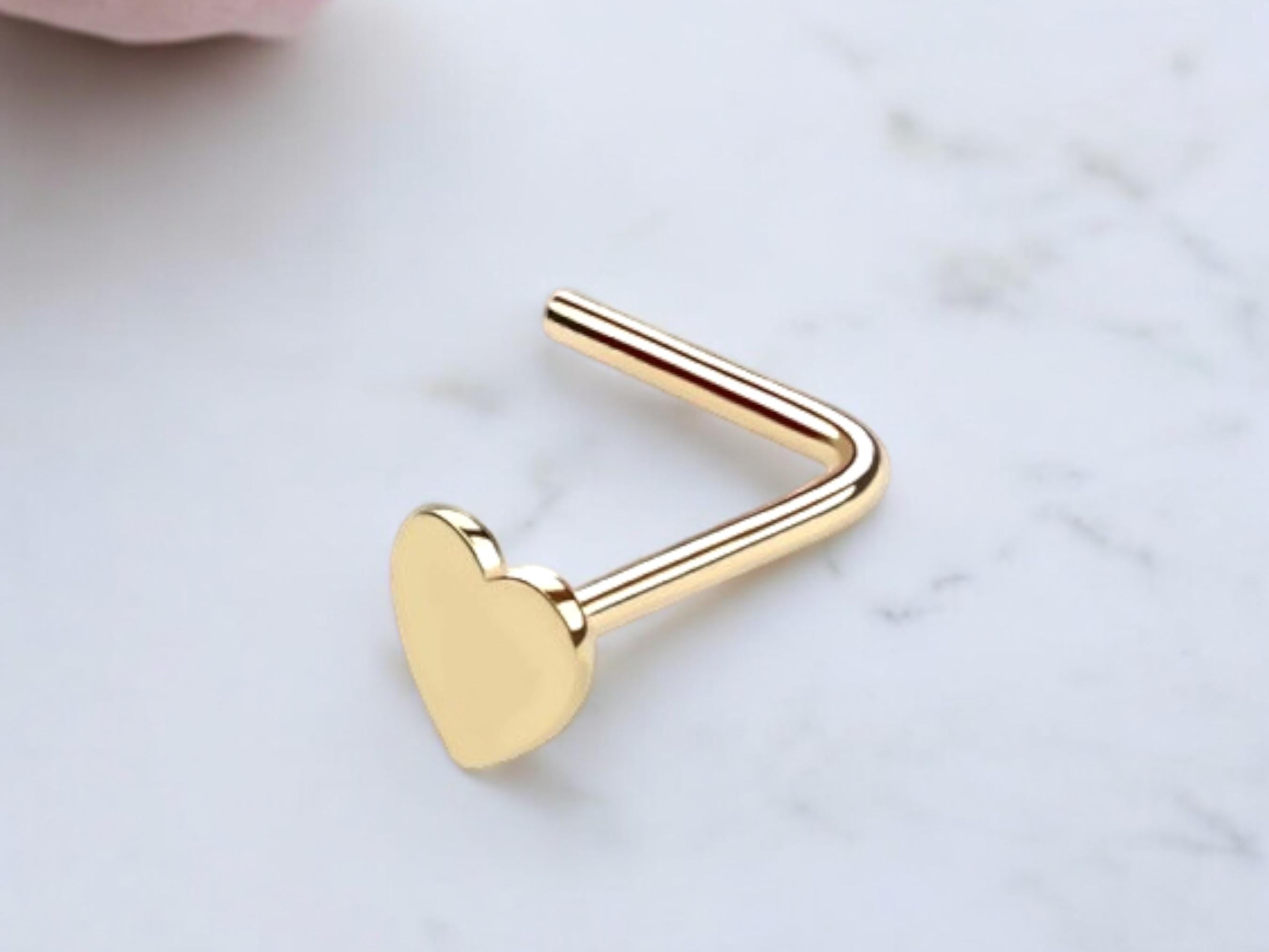 14K Gold Heart Nose Stud, 20G L-Shaped Piercing Jewelry, Minimalist Solid Gold Nose Ring, Thin Nose Gold Nose Stud