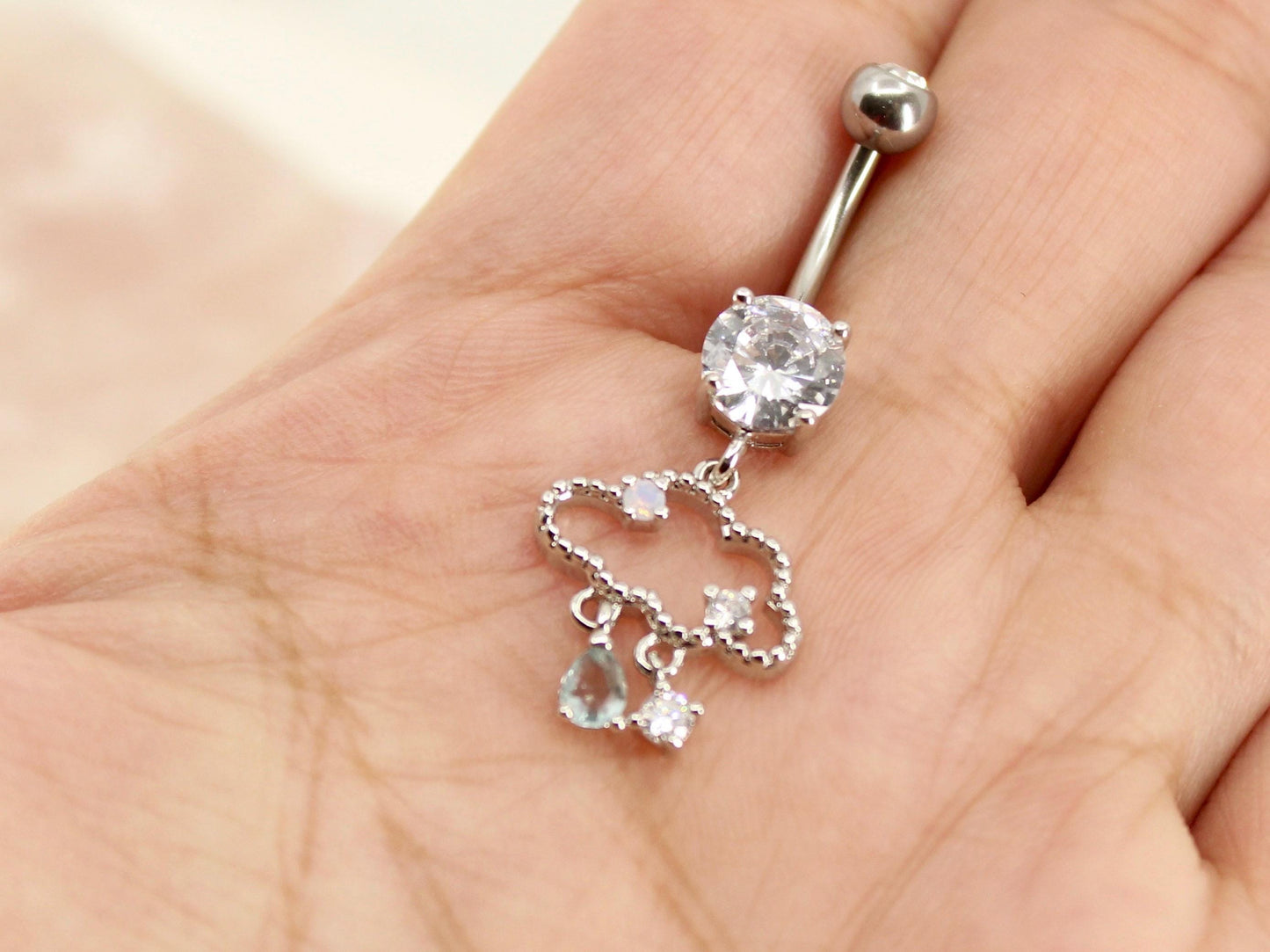 14g Dangling Belly Ring, Gold Silver Raining Cloud Dangle Belly Button Ring, Navel Piercing, Body Jewelry, Belly Ring Piercing Jewelry