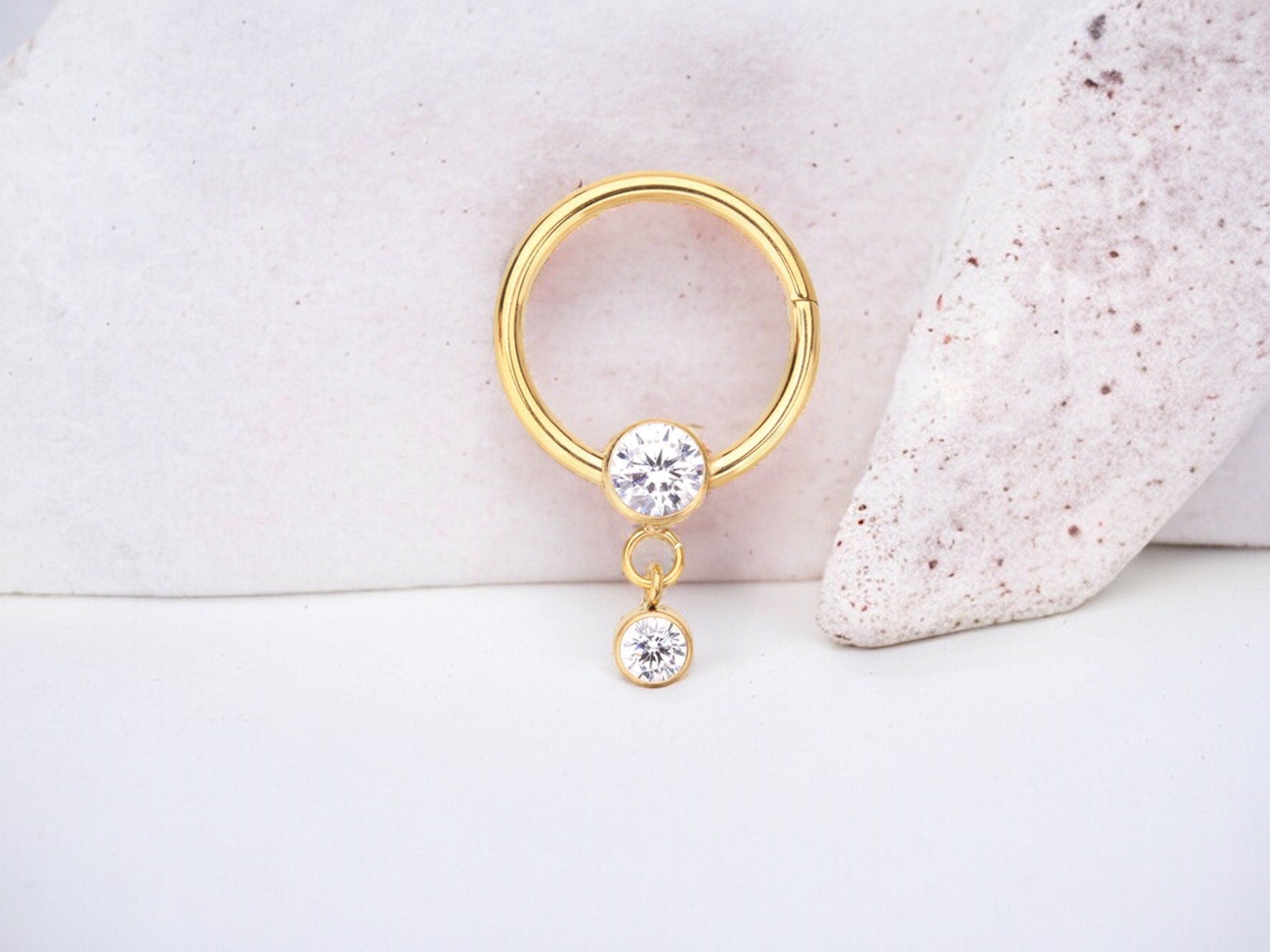 16g Gold Titanium Septum Piercing Clicker Hoop Ring, Dangle Sparkle Gem Decor Septum Ring Hoop, Titanium Septum Jewelry, Nose Jewelry