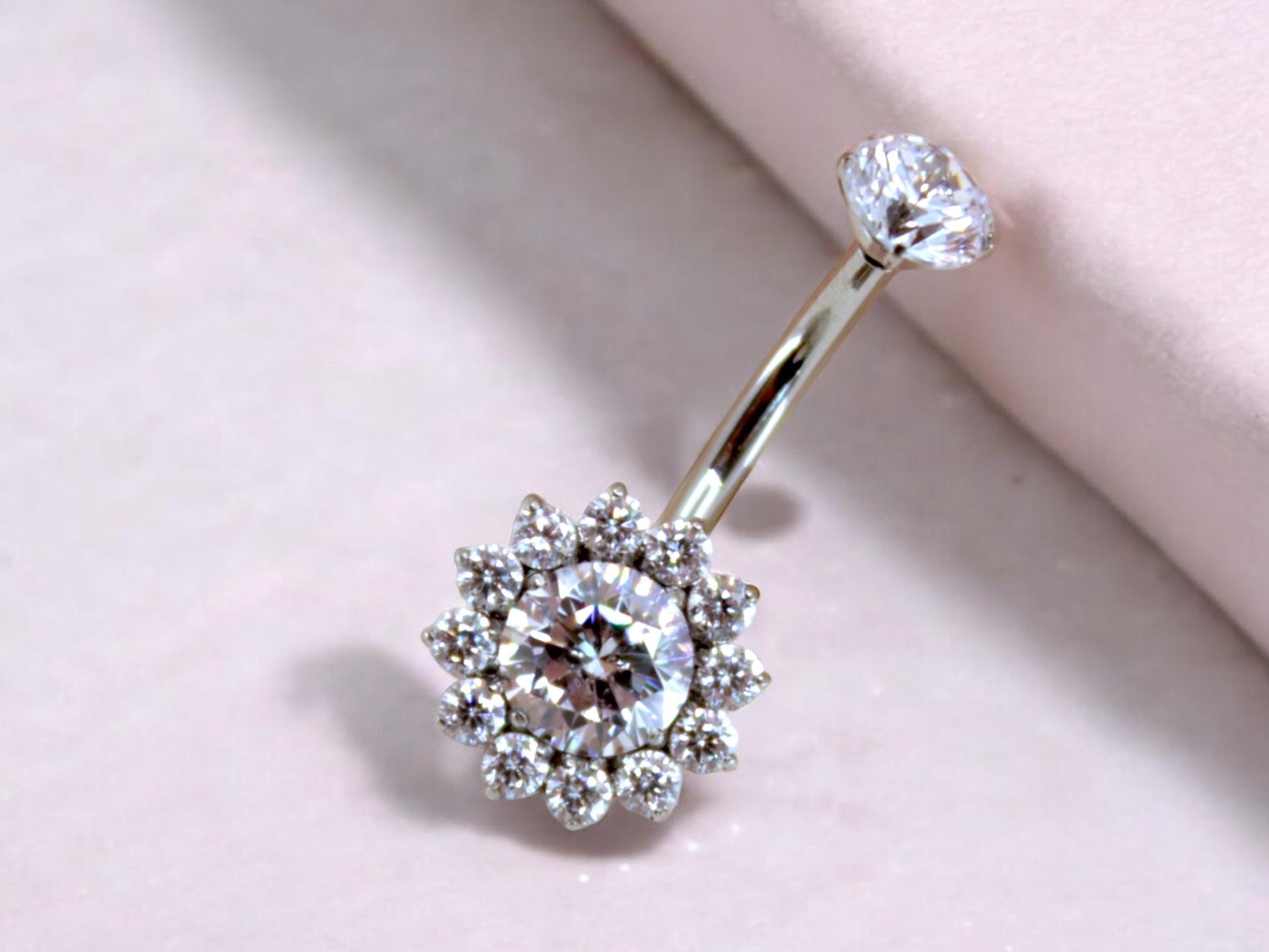 NEW • 14G Titanium Silver Belly Button Ring, Clear Sparkle Gem Floral Decor Belly Button Ring Piercing Jewelry, Navel Piercing Ring