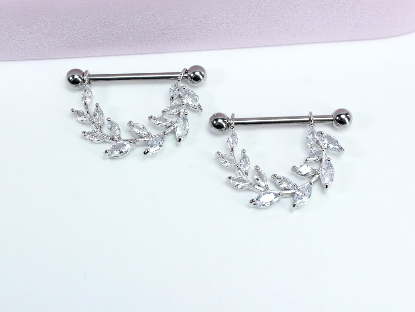 14G Marquise Leaf Nipple Barbell, Set of 2 Dainty Silver Dangling Nipple Ring, Floral Nipple Piercing Body Jewelry, Nipple Ring Jewelry