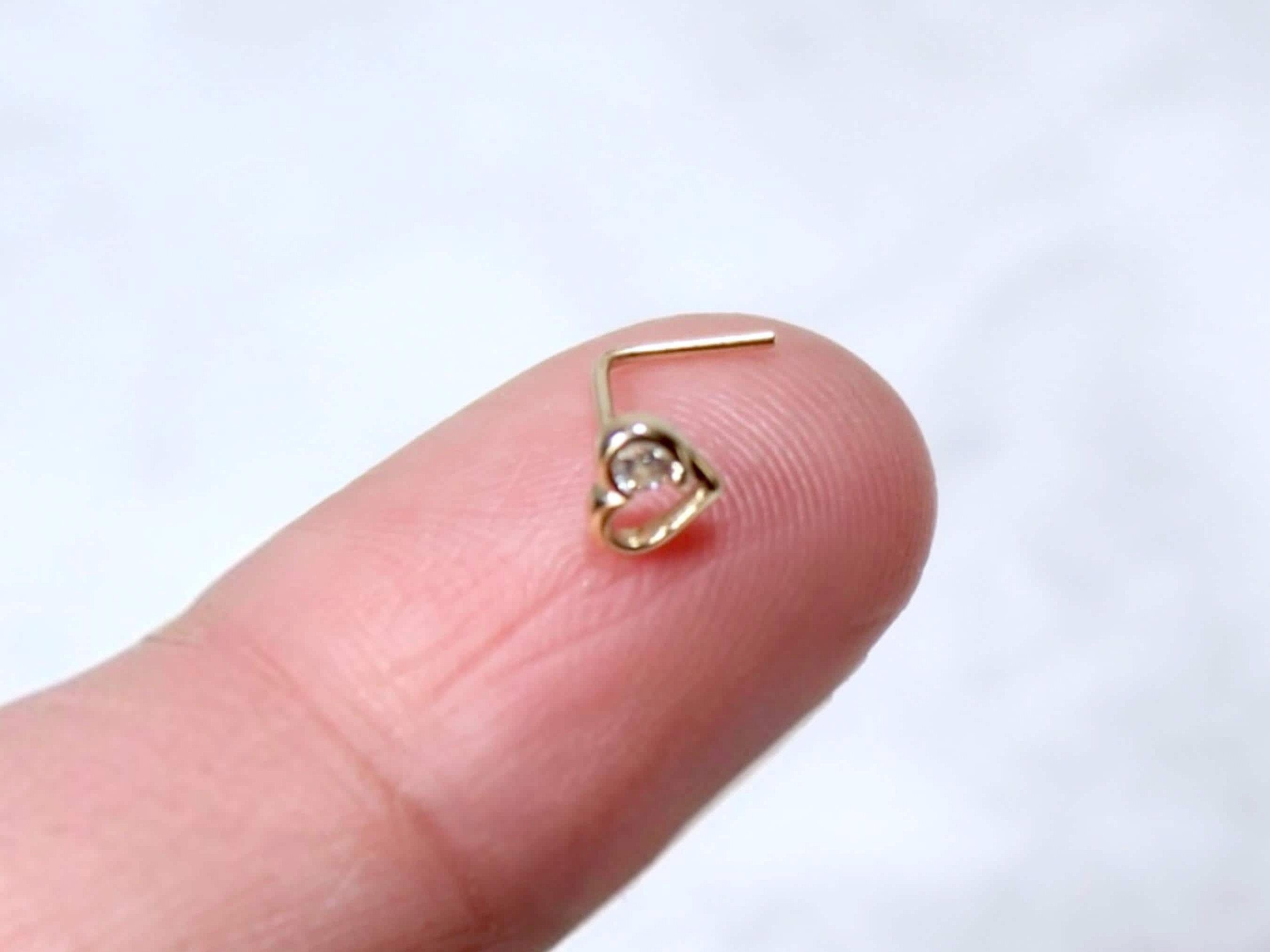 14K Gold Heart Nose Stud, 20g Dainty Crystal Heart L Shape Nose Stud, Gold Nose Jewelry, Minimalist Nose Piercing Ring Jewelry