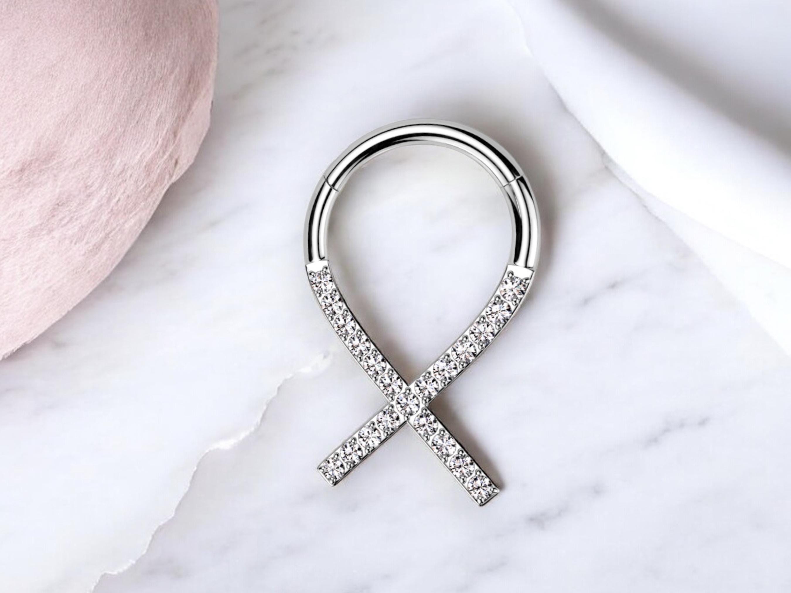 Titanium Septum Clicker Ring, 16g Silver Clear Gems Septum Hinged Hoop Ring, Nose Piercing Jewelry, Dainty Septum Ring