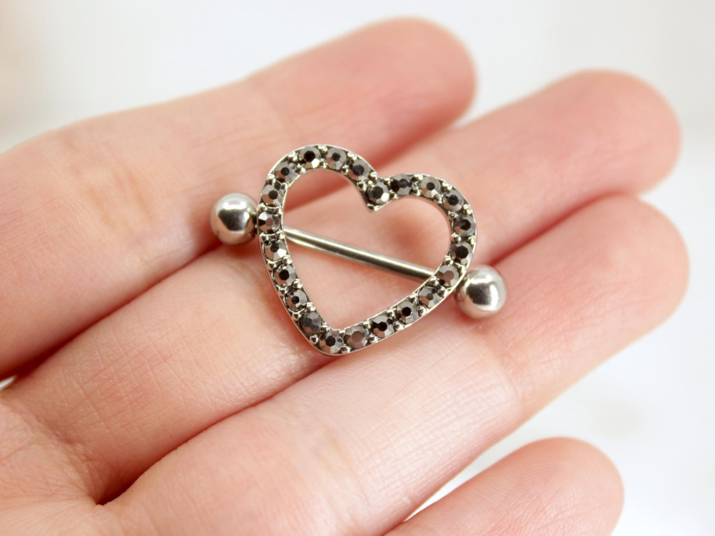 Black Heart Nipple Barbell, Heart Gems Nipple Shield Piercing Jewelry, 14G Silver Nipple Ring, Aesthetic Body Piercing Jewelry.