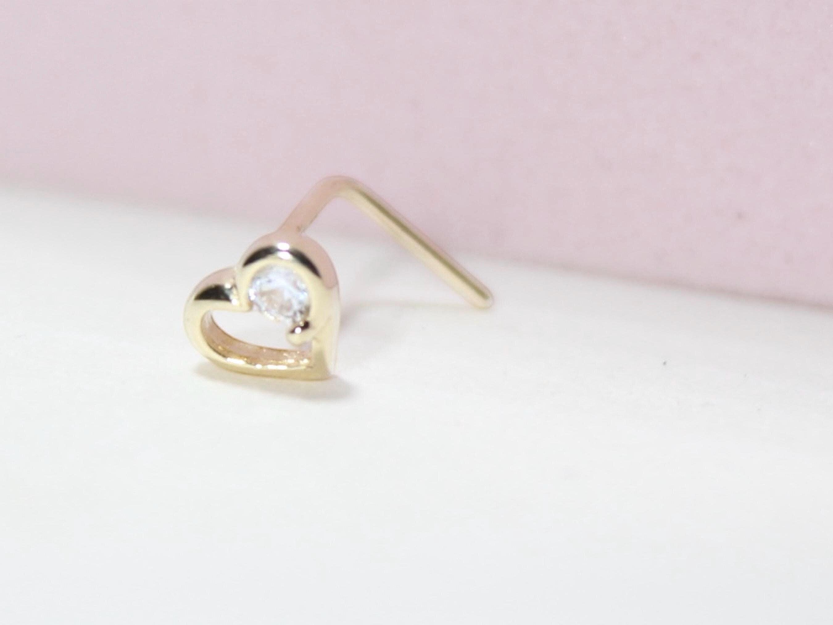 14K Gold Heart Nose Stud, 20g Dainty Crystal Heart L Shape Nose Stud, Gold Nose Jewelry, Minimalist Nose Piercing Ring Jewelry