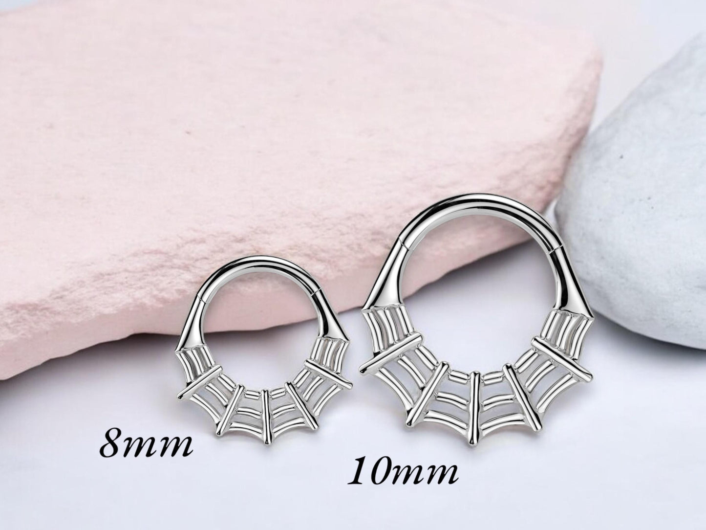 16G Spider Web Septum Clicker Ring, Silver Hinged Segment Septum Hoop Ring, Halloween Body Piercing Jewelry,Spider Daith,Cartilage Hoop