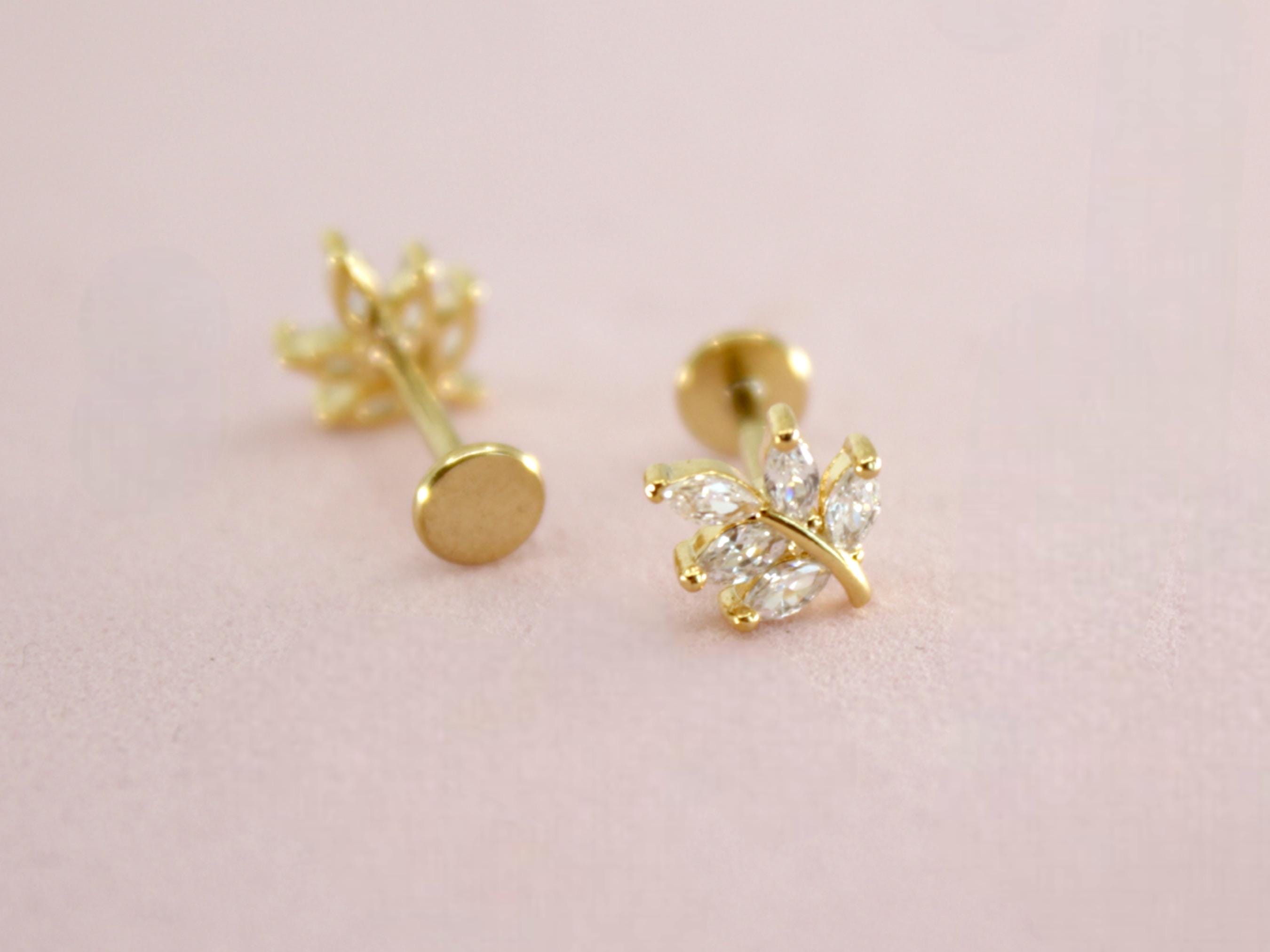 18G Titanium Push In Monroe Labret, Threadless Flat Back Floral Stud Cartilage Piercing, Conch Piercing, Tragus Stud, Flat Back Stud Earring