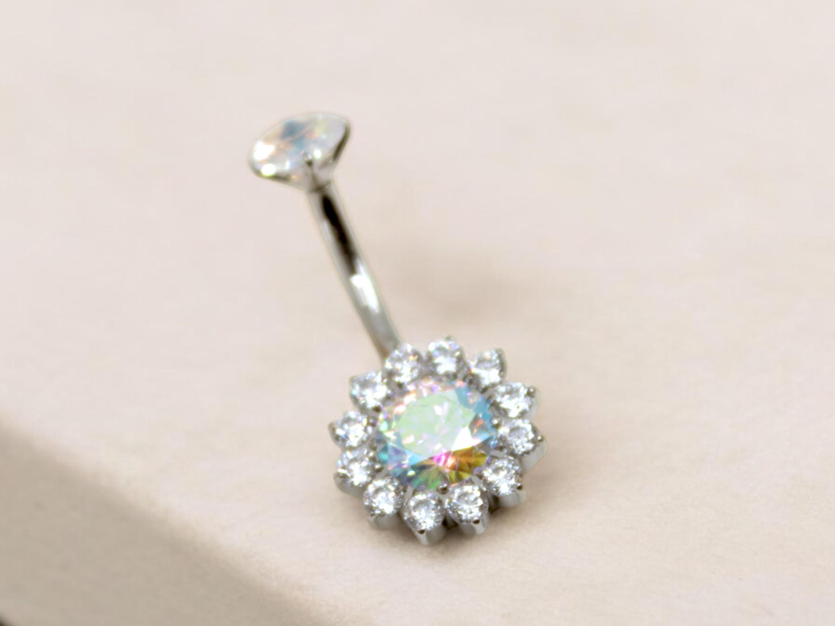 Aurora Borealis CZ Sunburst Belly Button Ring , 14g Titanium Silver Floating Navel Ring Piercing, Sparkly Crystal Body Jewelry,