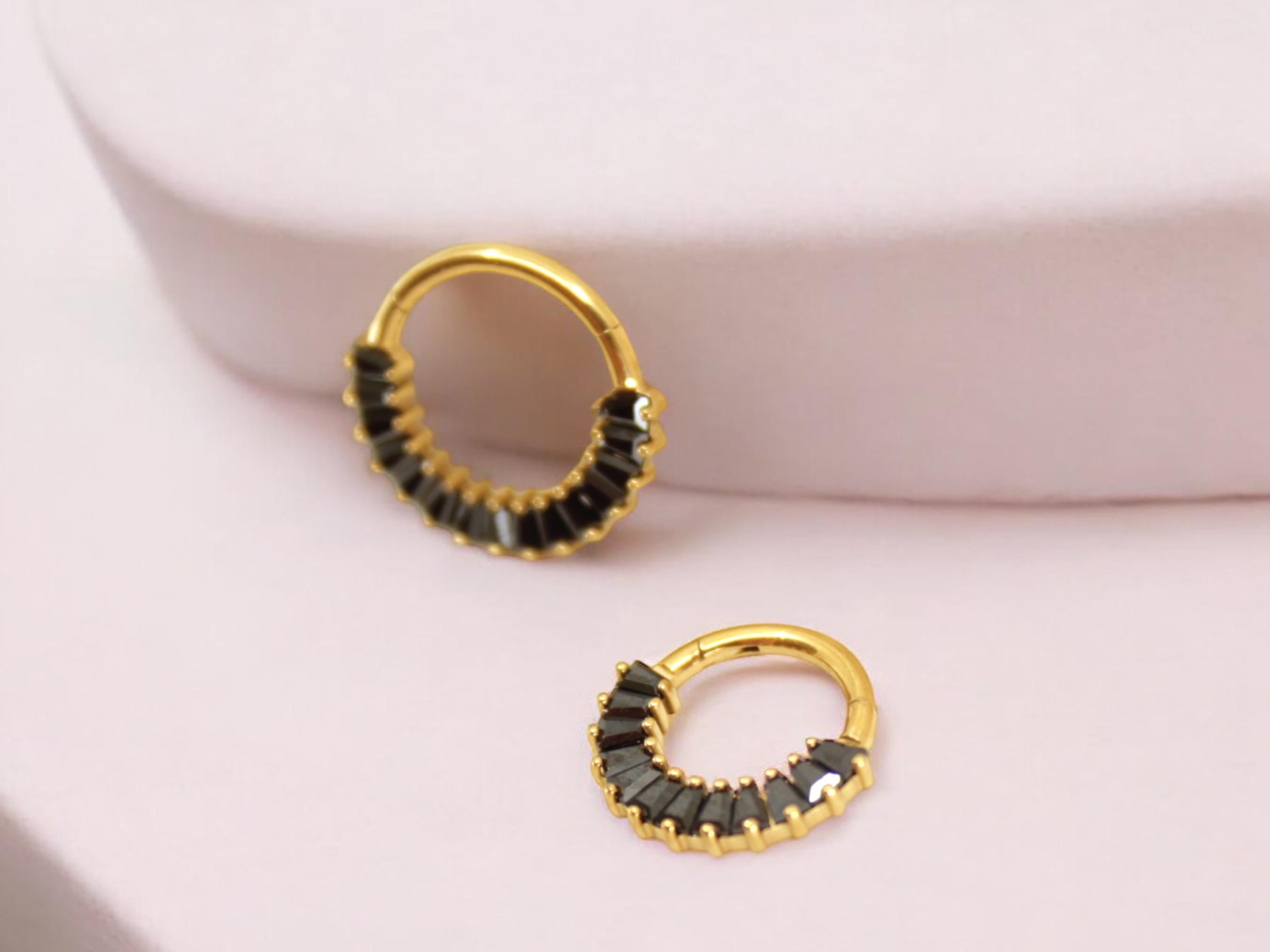 Titanium Black Septum Clicker Ring, Black Marquise Front Facing Gem Hinged Segment Septum Ring, 16g Septum Piercing Jewelry, Nose Jewelry
