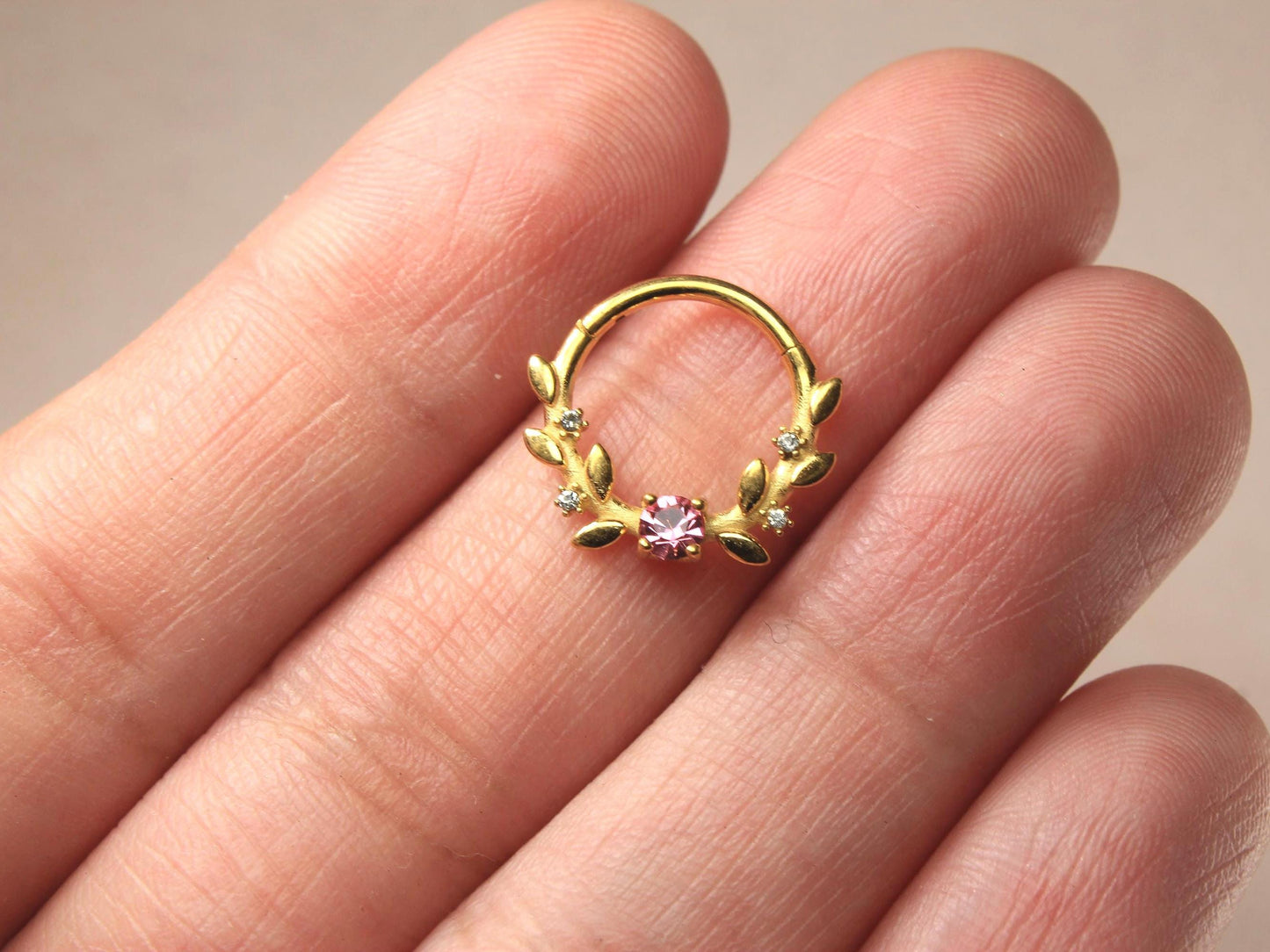Gold Prong Set Septum Clicker Ring, 14g Pink Gem Septum Ring Piercing, 16g Gold Clear Gem Nose Septum Jewelry, Body Piercing Jewelry
