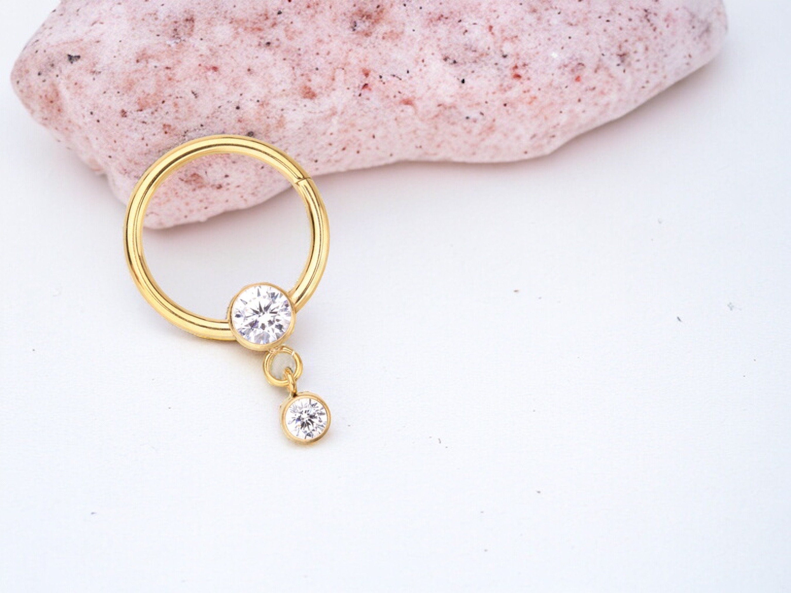 16g Gold Titanium Septum Piercing Clicker Hoop Ring, Dangle Sparkle Gem Decor Septum Ring Hoop, Titanium Septum Jewelry, Nose Jewelry