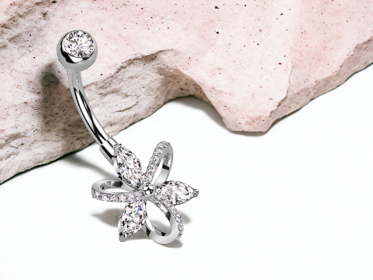 14G Silver Marquise Petals Belly Button Ring Beautiful Floral Decor Non Dangle Belly Button Ring Piercing Jewelry