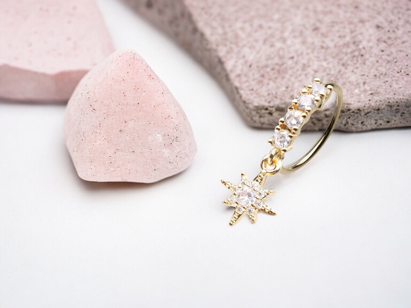20g Gold Dangling Bendable Nose Ring. Floral decor charm nose stud ring. CZ nose ring.Nose Piercing Jewelry.