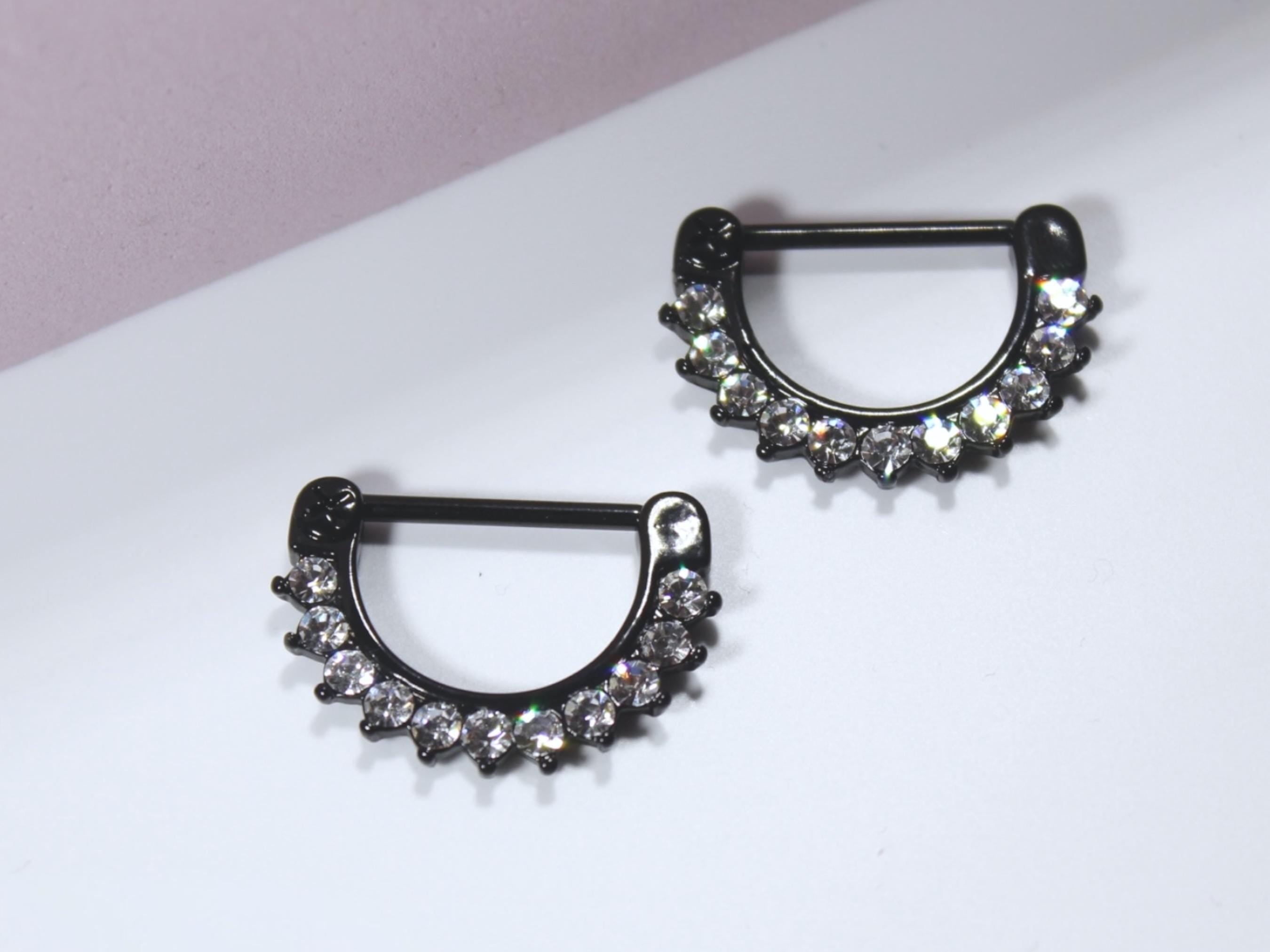 Black Dangle Nipple Ring,  Pair of Black CZ Hinged Clicker Nipple Barbell,  14g Nipple Barbell Piercing Jewelry, Body Jewelry