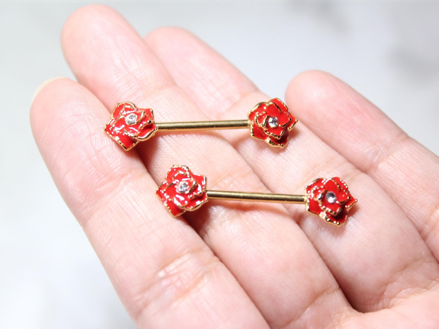 Red Rose Nipple Barbell Jewelry, 14g Rose Nipple Ring, Floral Nipple Piercing Jewelry, Personalized Body Jewelry