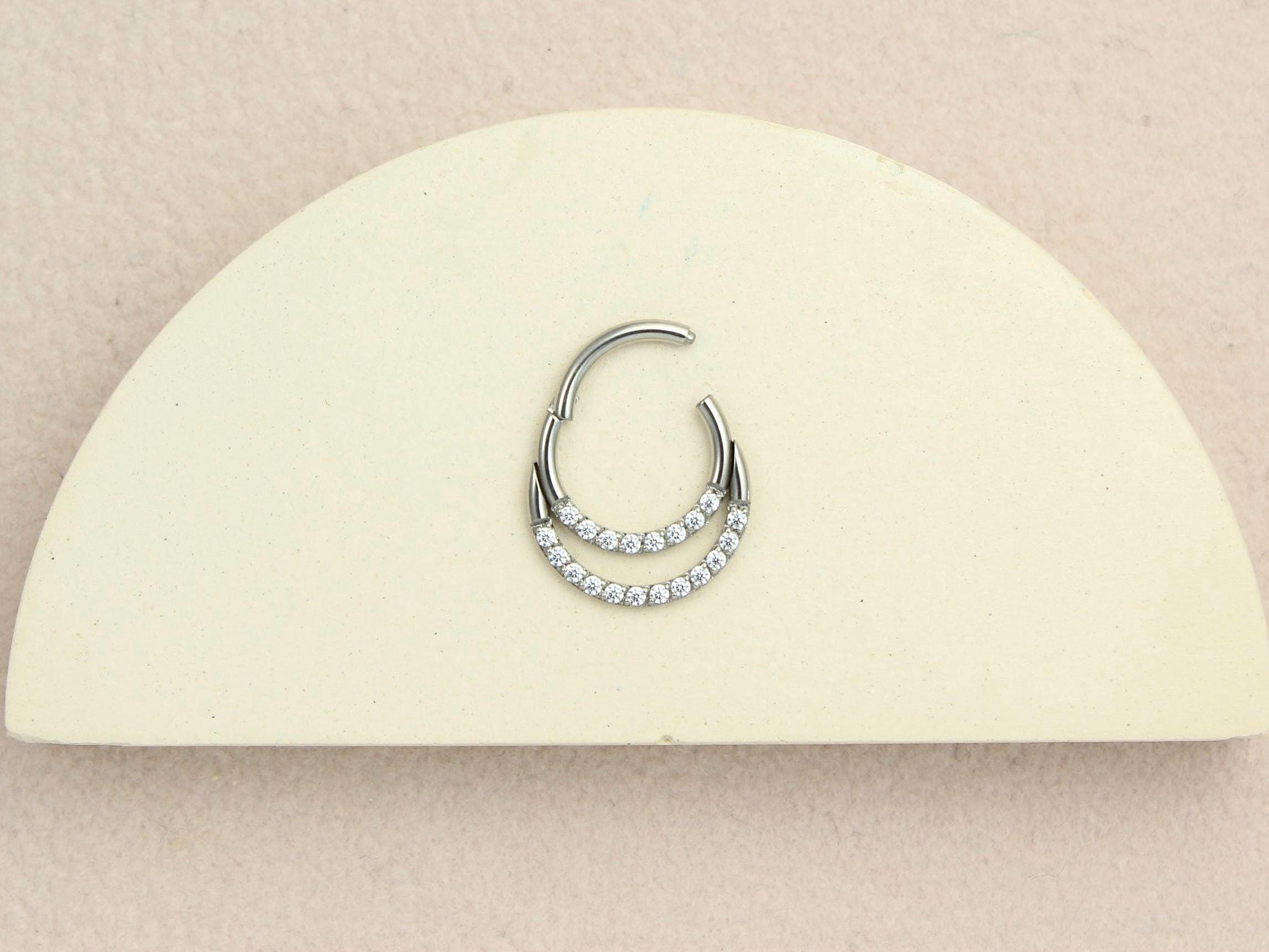16G Septum Clicker Ring, Dainty Double Line Sparkle Gem Hinged Hoop Septum Piercing Jewelry, Nose Piercing Body Jewelry, Septum Ring