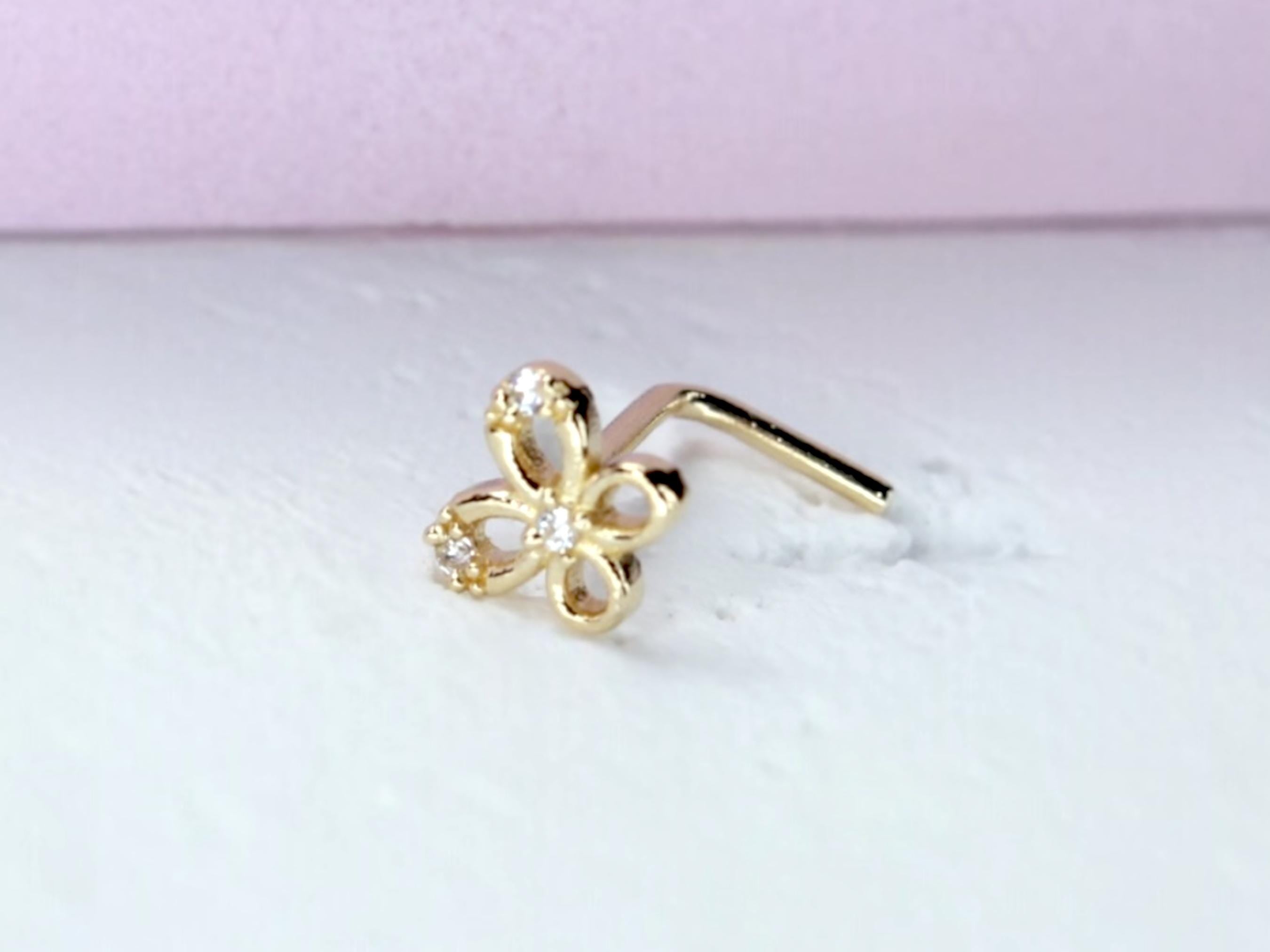 14k Gold Butterfly Nose Stud, Dainty Gold L Shape Sparkling Nose Ring Piercing, 20g Solid Yellow Gold Nose Jewelry, Minimalist Nose Jewelry