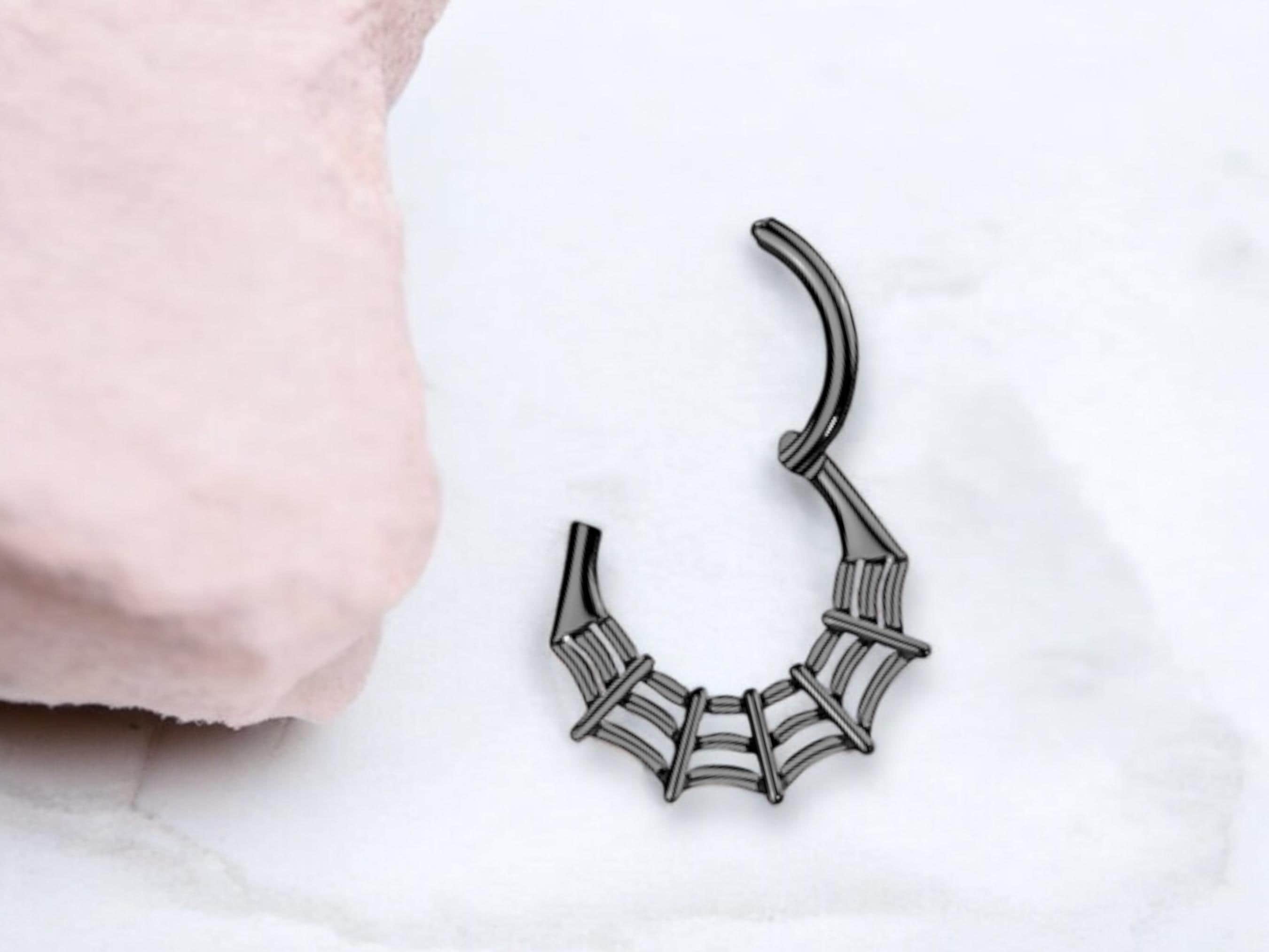16G Spider Web Septum Clicker Ring, Black Hinged Segment Septum Hoop Ring, Halloween Body Piercing Jewelry,Spider Daith,Cartilage Hoop