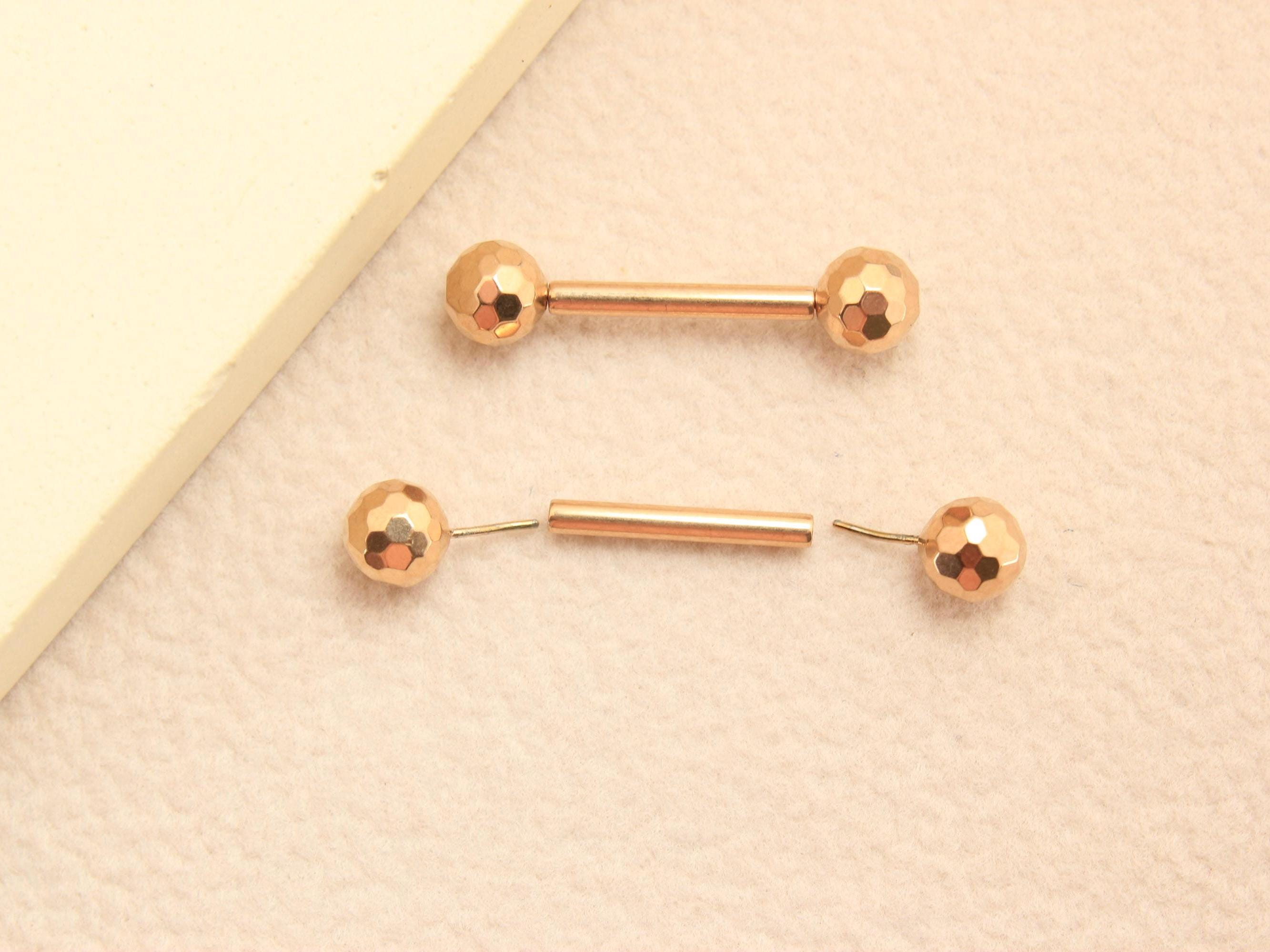 Rosegold Titanium Nipple Barbell, 14G Disco Ball End Threadless Push In Nipple Ring Jewelry,Pair of 2 Nipple Piercing, Push In Body Jewelry