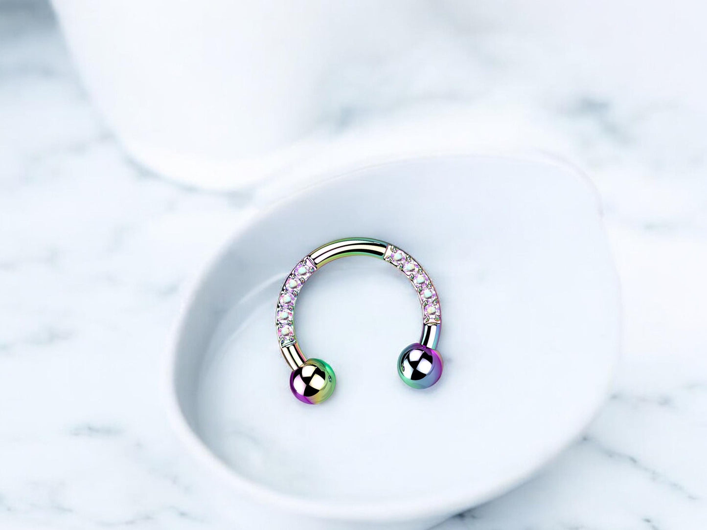 Titanium Horseshoe Rainbow Septum Ring with CZ Crystals, 16g Front Facing Gems Septum Ring, Multicolor Hinged Septum Clicker,