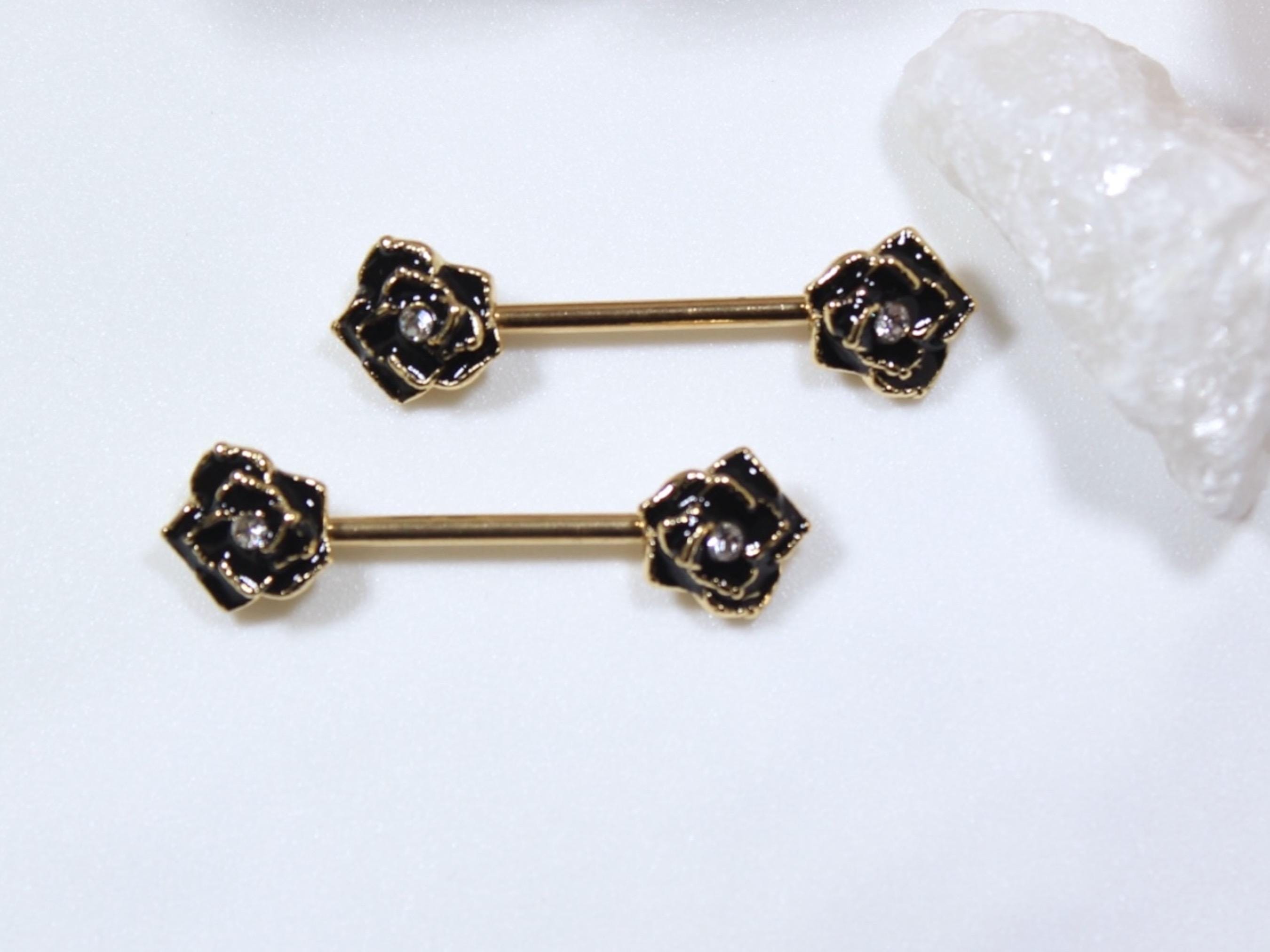 Black Rose Nipple Barbell Jewelry, 14g Rose Nipple Ring, Floral Nipple Piercing Jewelry, Personalized Body Jewelry