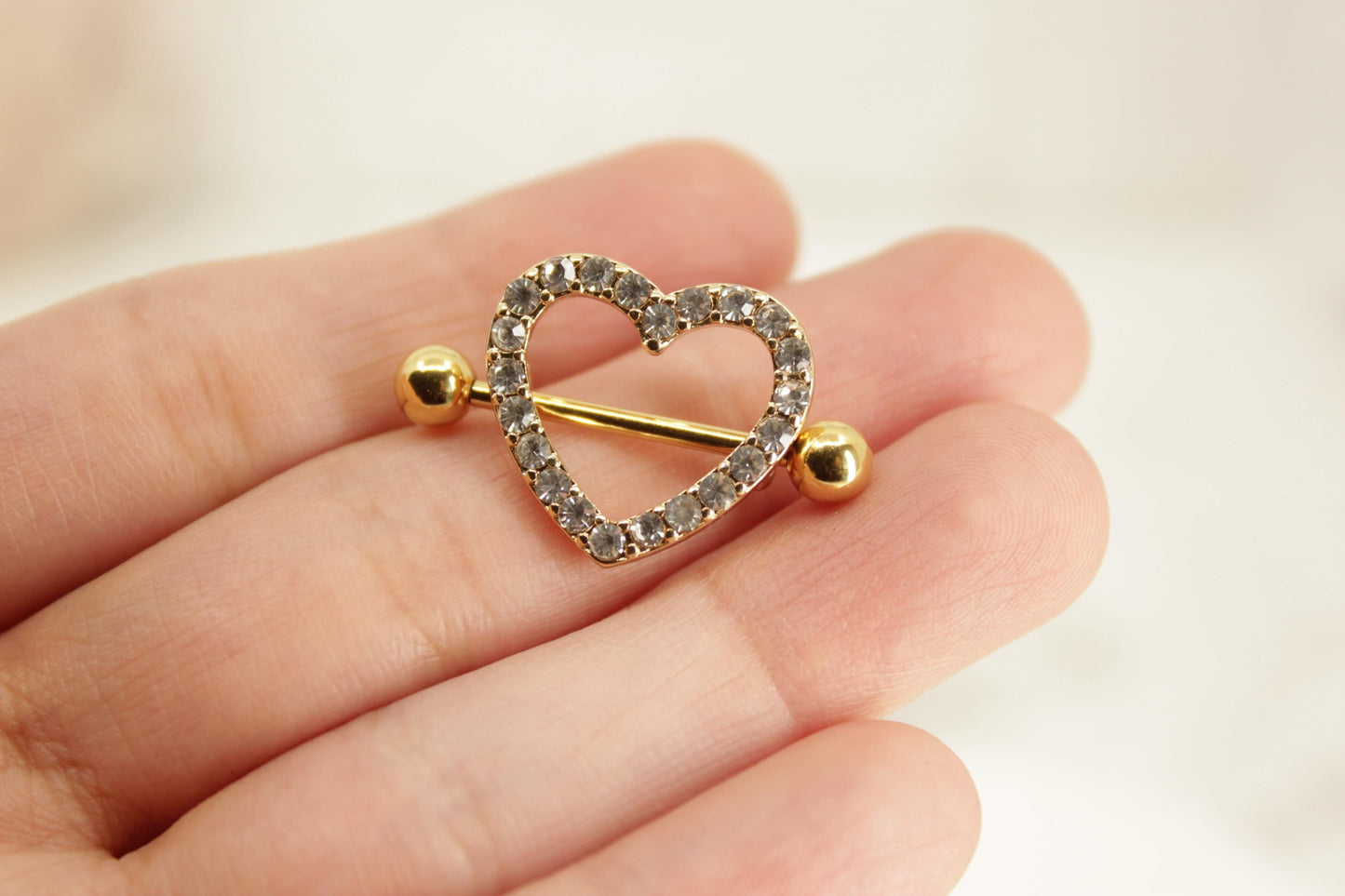 Gold Heart Nipple Barbell, Sparkling Gems Gold Heart Nipple Shield Piercing Jewelry, Nipple Ring Body Piercing Jewelry.