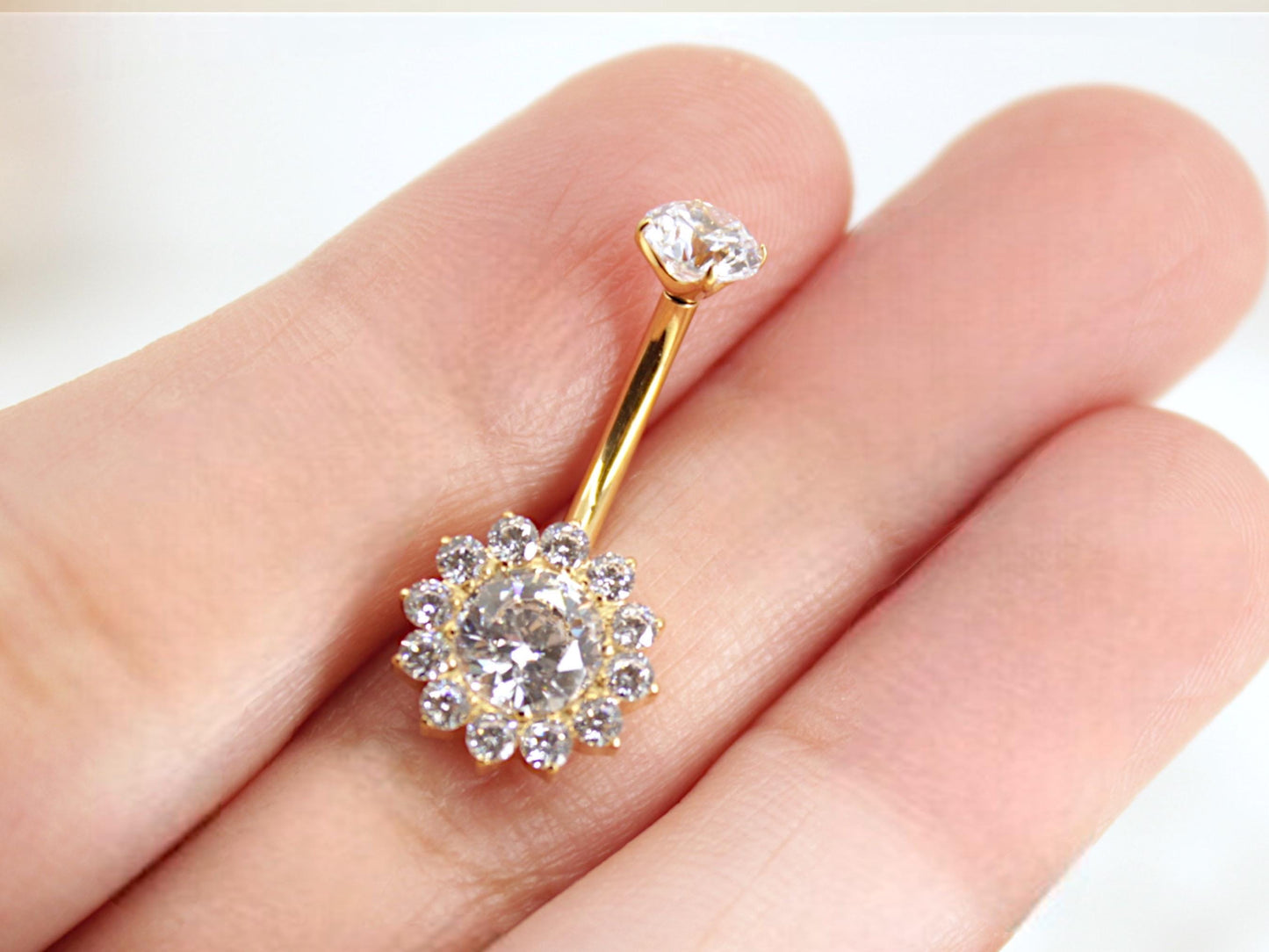 NEW 14G Titanium Gold Floral Belly Button Ring, Sparkle Gem Floral Decor Non Dangle Belly Button Ring Piercing Jewelry, Navel Piercing Ring