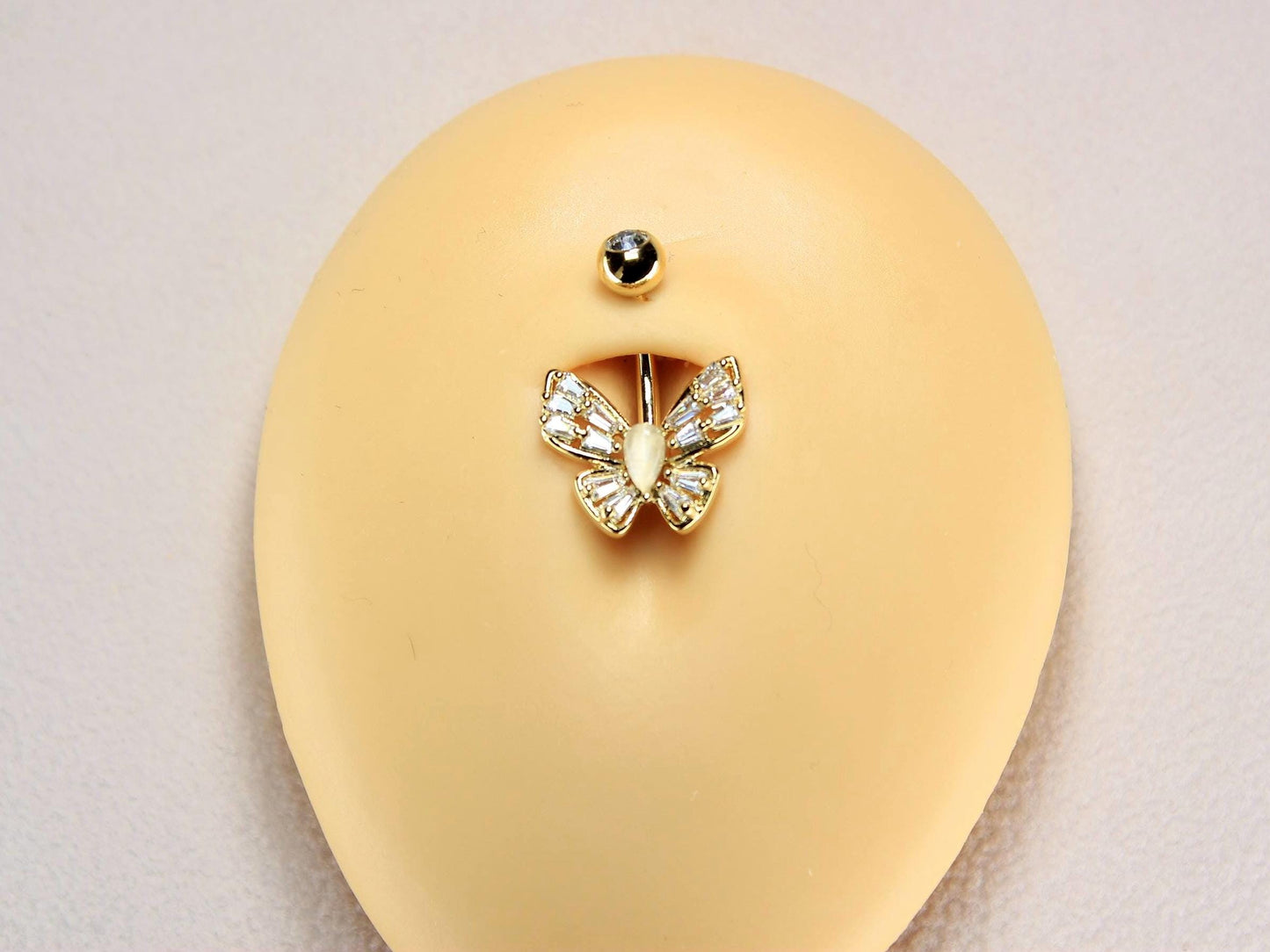 Gold Butterfly Belly Ring, 14G Dainty Belly Piercing, Baguette Gem Decor Navel Body Jewelry, Floating Belly Ring