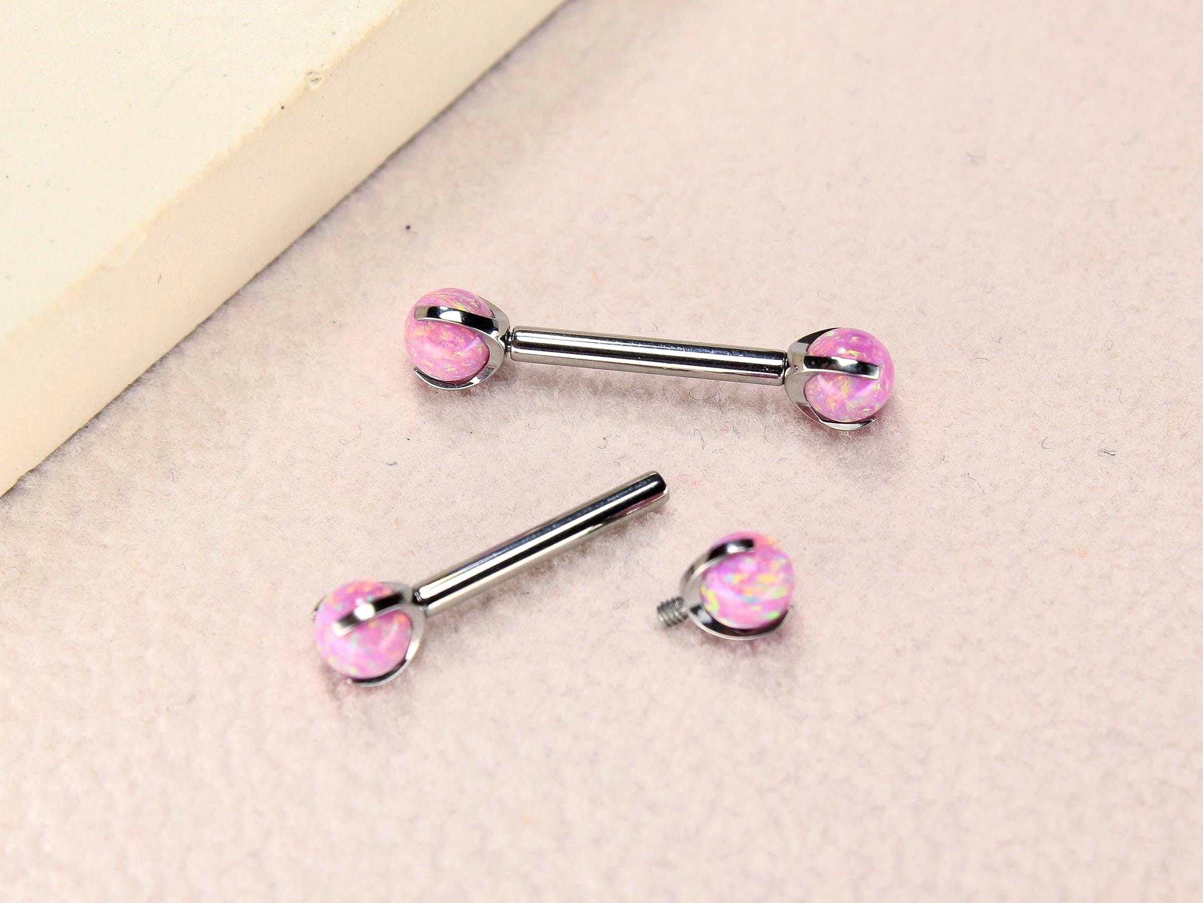 14G Titanium Nipple Barbell, Pink Opal Ball End Nipple Ring Piercing, Pair of Nipple Sheild Body Jewelry, Minimalist Nipple Piercing Jewelry