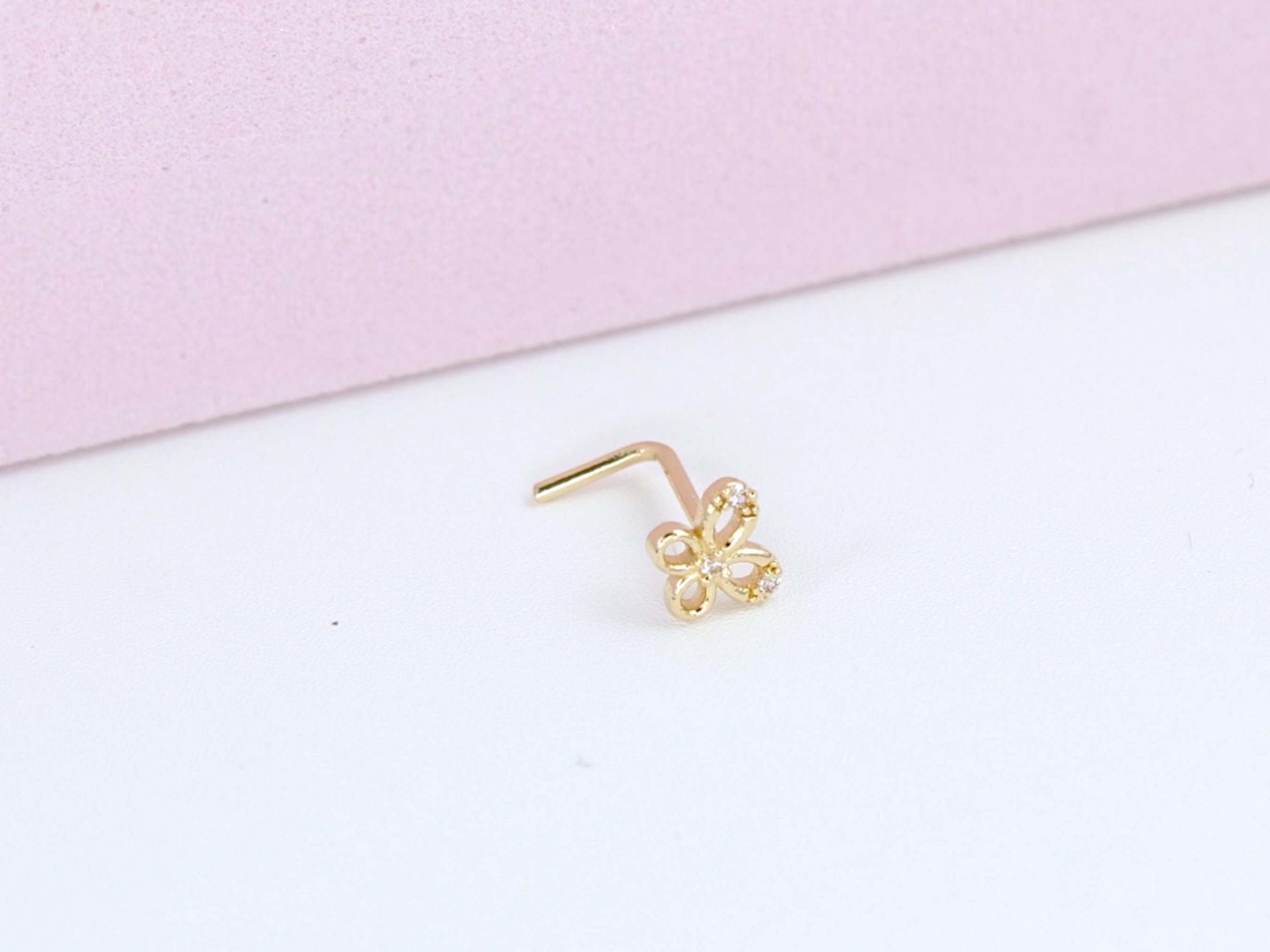 14k Gold Butterfly Nose Stud, Dainty Gold L Shape Sparkling Nose Ring Piercing, 20g Solid Yellow Gold Nose Jewelry, Minimalist Nose Jewelry
