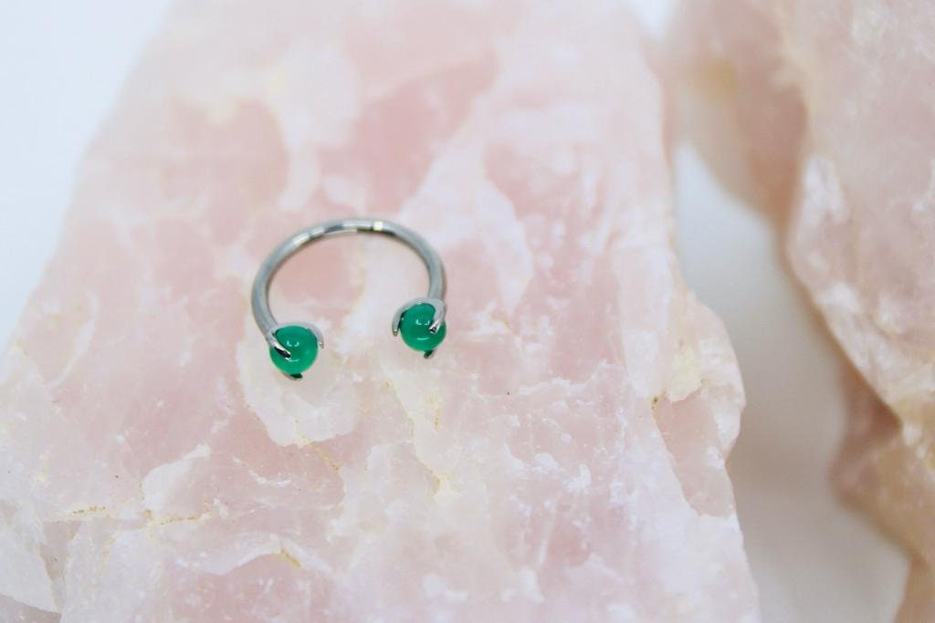 Implant Grade Titanium Natural Stone Jade Green Horseshoe Hoop Ring, Internally Threaded Septum Piercing Hoop Ring, Septum Jewelry Ring