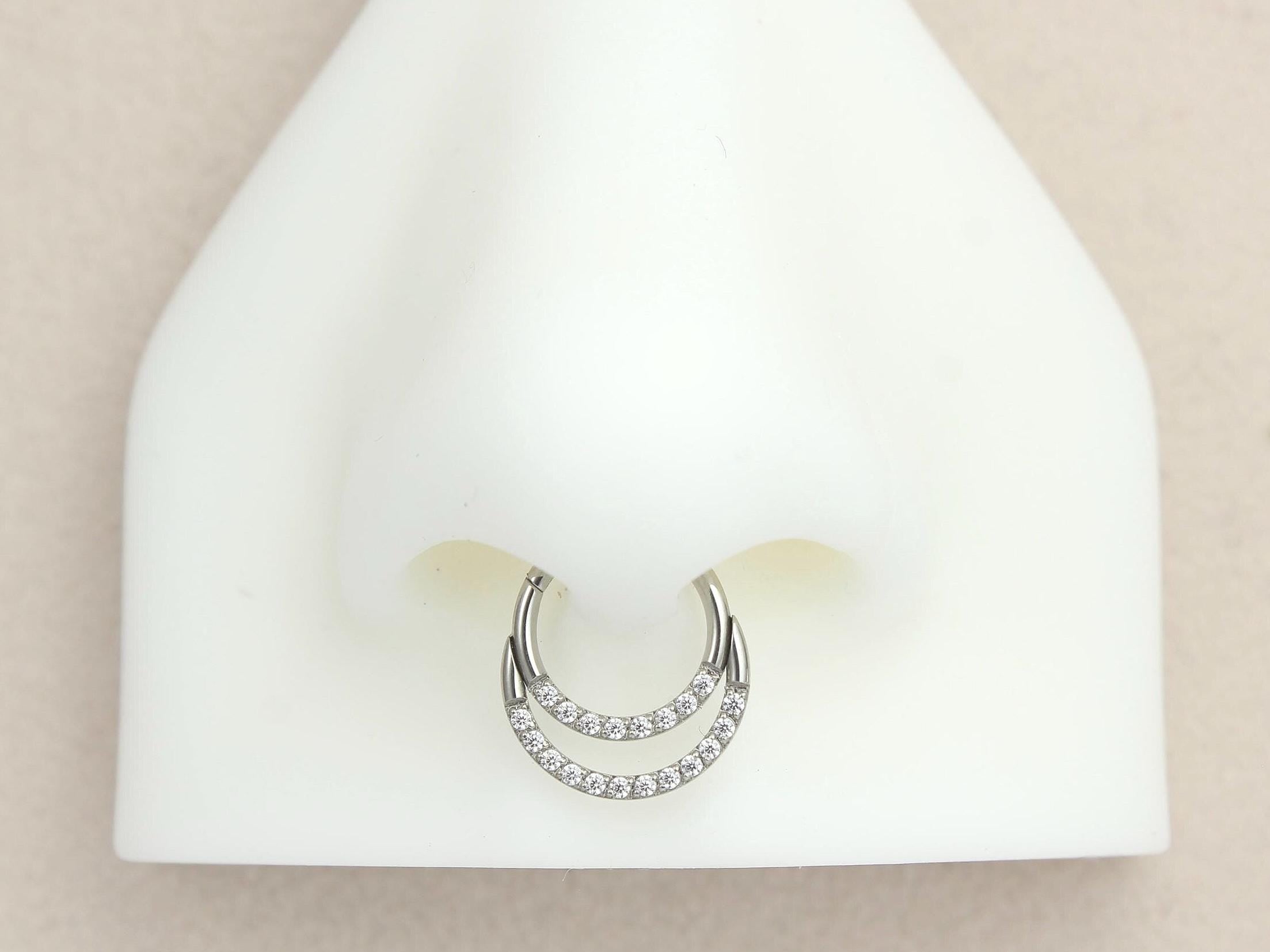 16G Septum Clicker Ring, Dainty Double Line Sparkle Gem Hinged Hoop Septum Piercing Jewelry, Nose Piercing Body Jewelry, Septum Ring