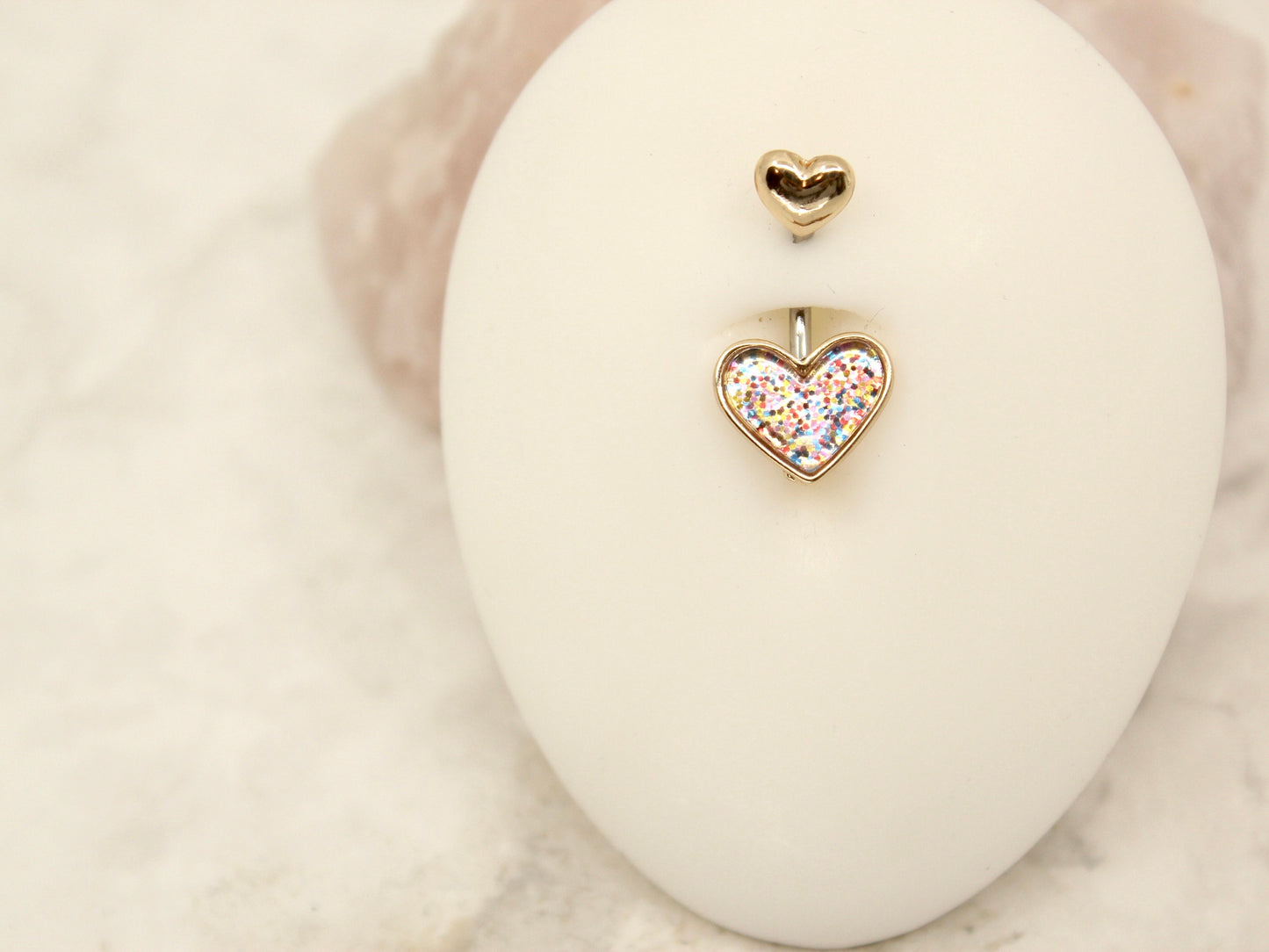 NEW • 14G Glitter Heart Belly Button Ring. Silver/Gold Resin Heart Navel Ring. Cute Belly Jewelry. Navel Piercing.