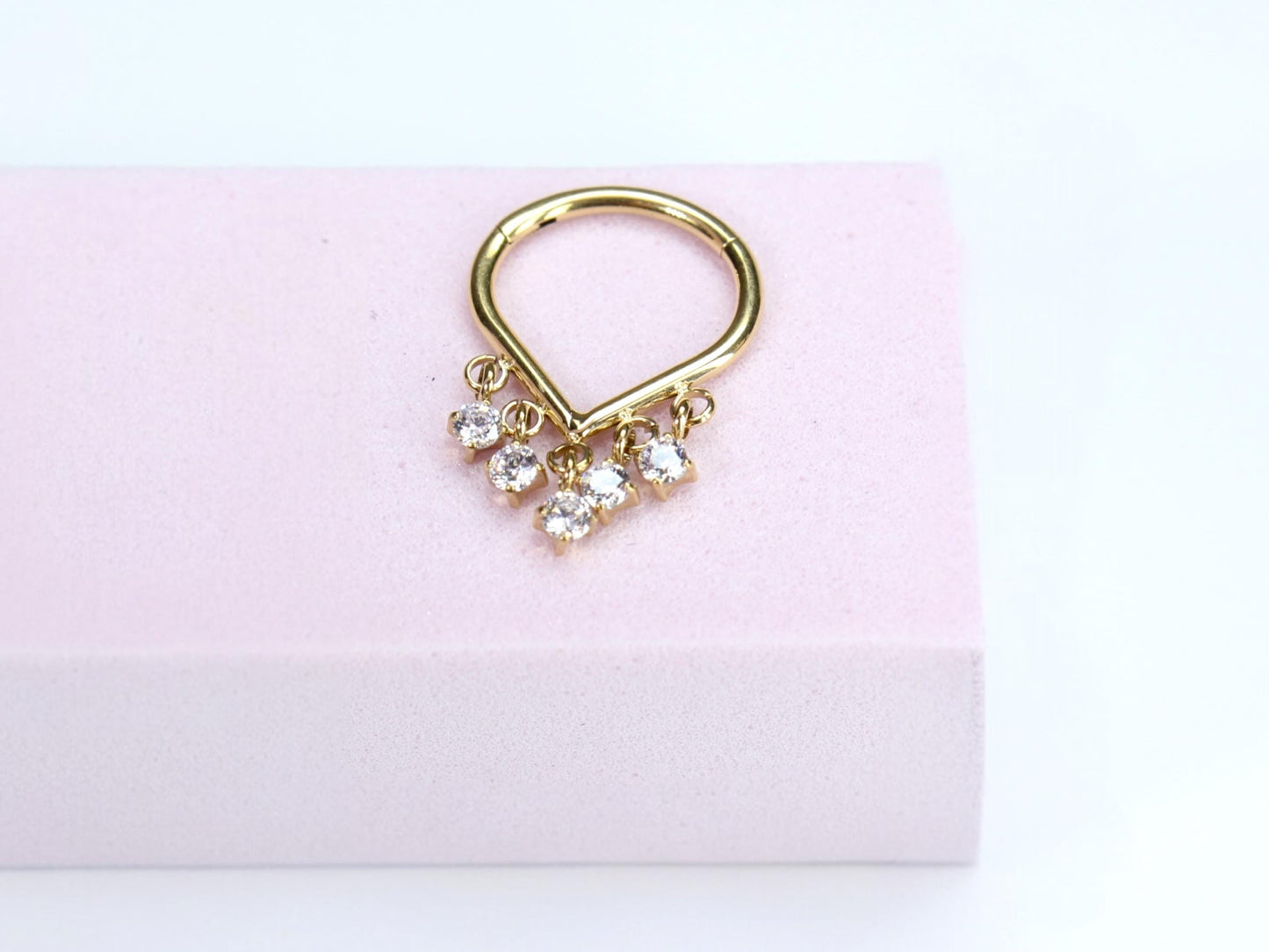 Titanium Septum Clicker Ring, 16g Gold Dangling Sparkle Gems Septum Hinged Clicker Hoop Ring, Dainty V Shape Septum Piercing, Nose Jewelry