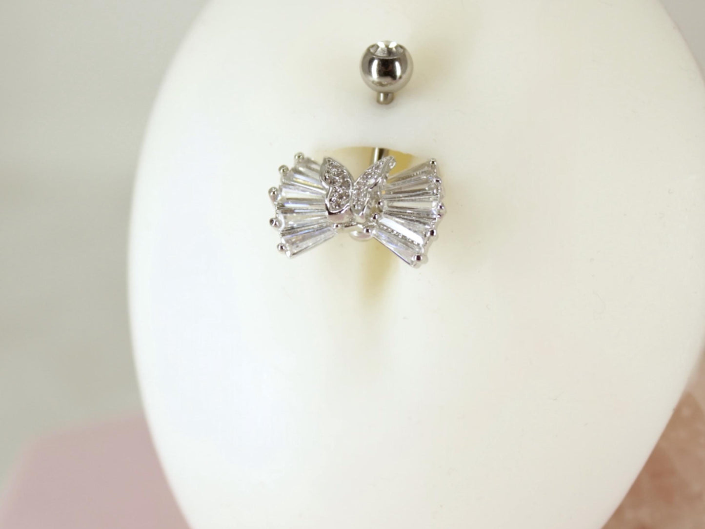 Silver Dainty Butterfly Belly Button Ring, 14g Bow Style Marquise Gem Belly Piercing Ring, Navel Piercing Jewelry