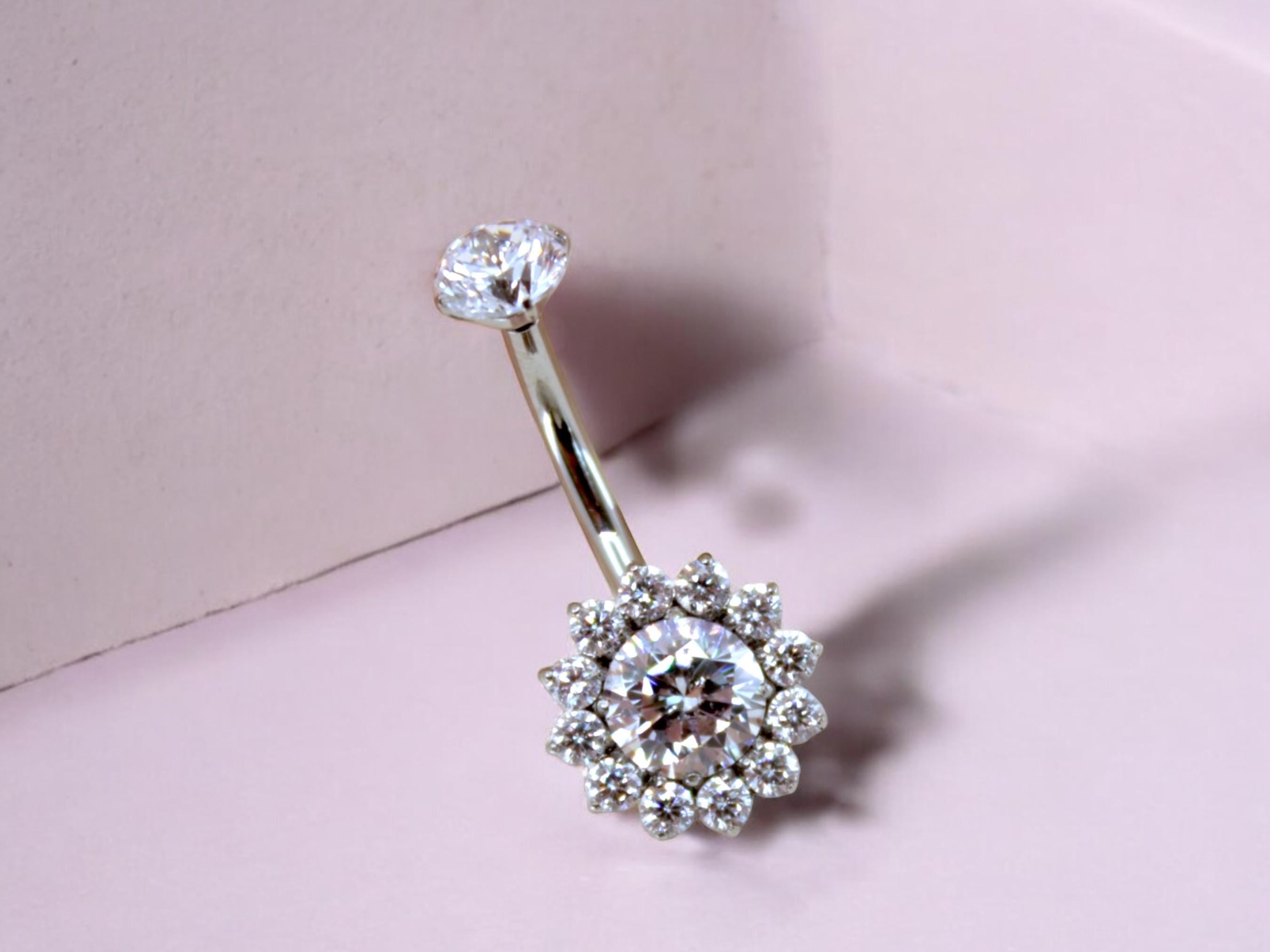 NEW • 14G Titanium Silver Belly Button Ring, Clear Sparkle Gem Floral Decor Belly Button Ring Piercing Jewelry, Navel Piercing Ring