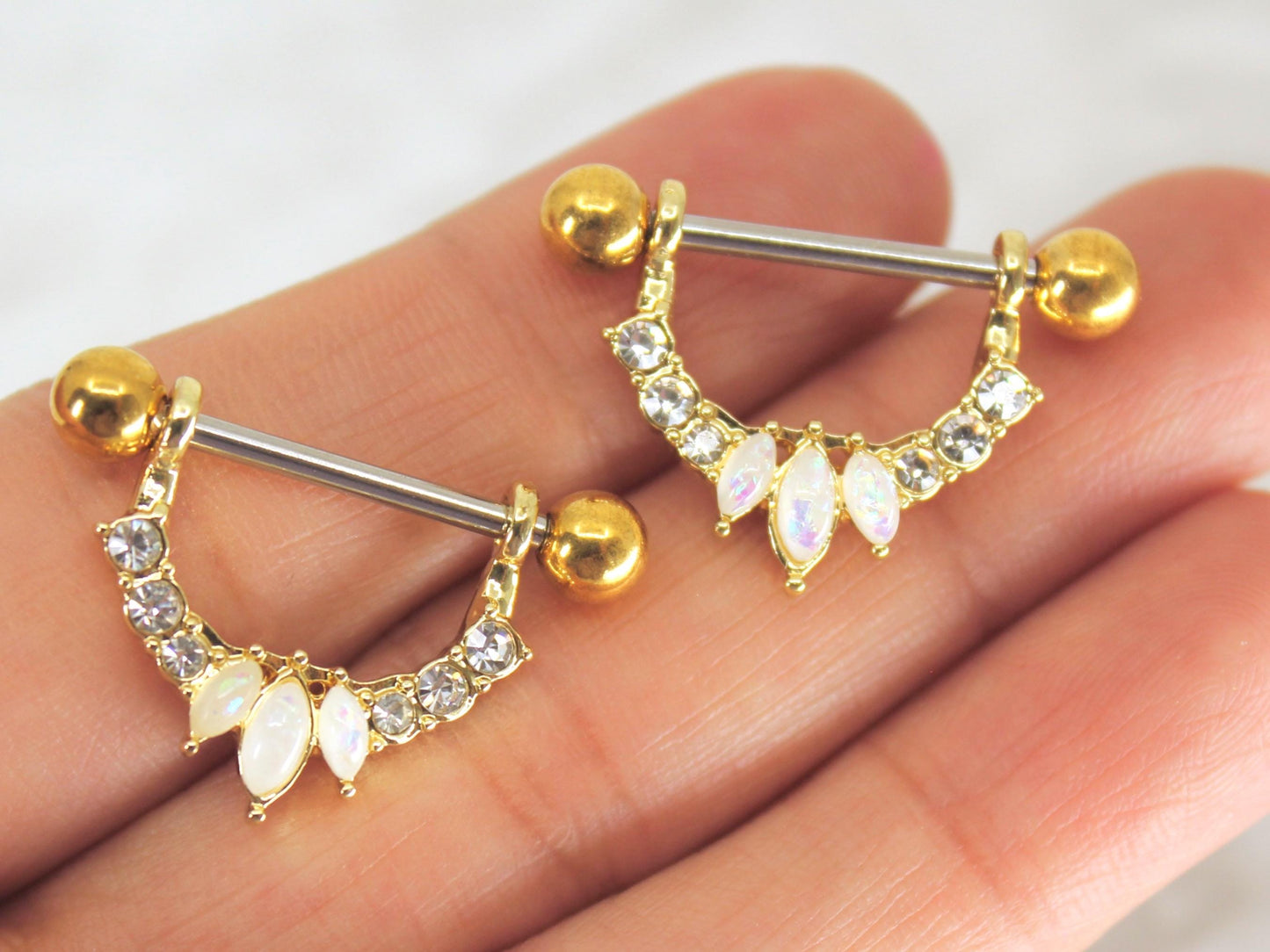 Opal Dangle Nipple Ring, Marquise Cut Opal Decorative Gem Nipple Piercing Jewelry, Gold Body Jewelry Piercing Nipple Ring Barbell