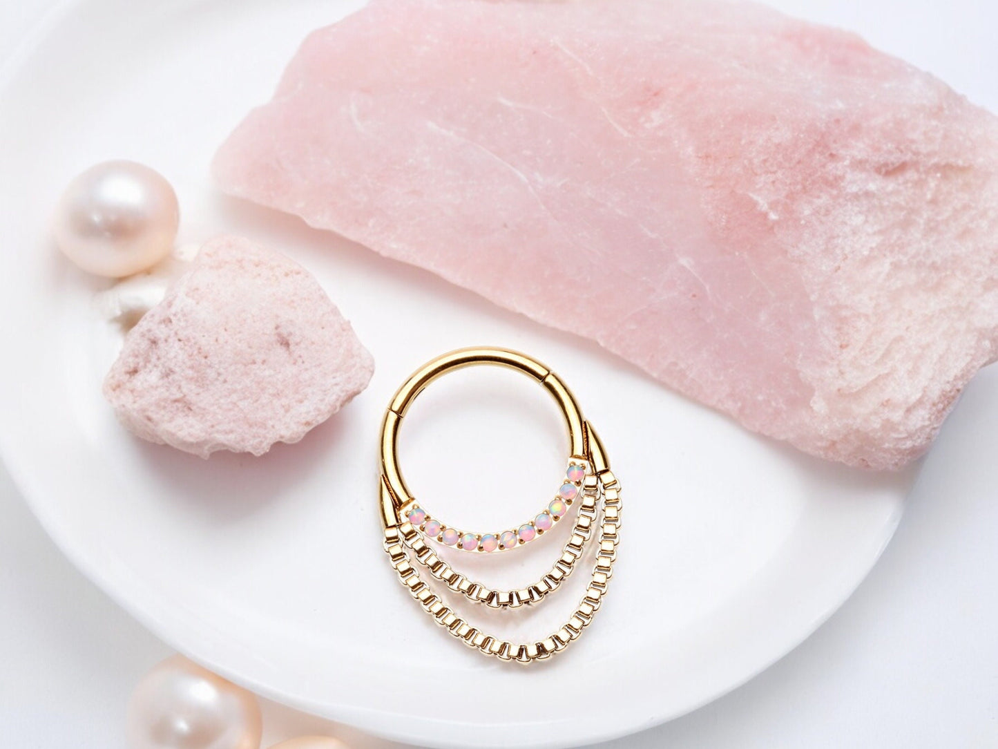 16G Gold Dangling Chain Septum Clicker Ring. Double Chain Opal Septum Hoop Ring. Septum Nose Jewelry, Septum Piercing Ring