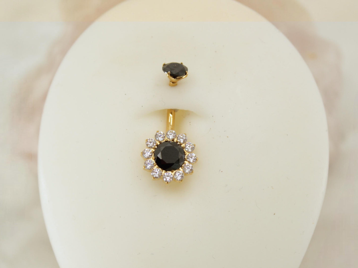 Black Dainty Floral Belly Button Ring, 14g Titanium Black Gold Crystal Gemstone Belly Button Ring Piercing Jewelry, Navel Piercing.