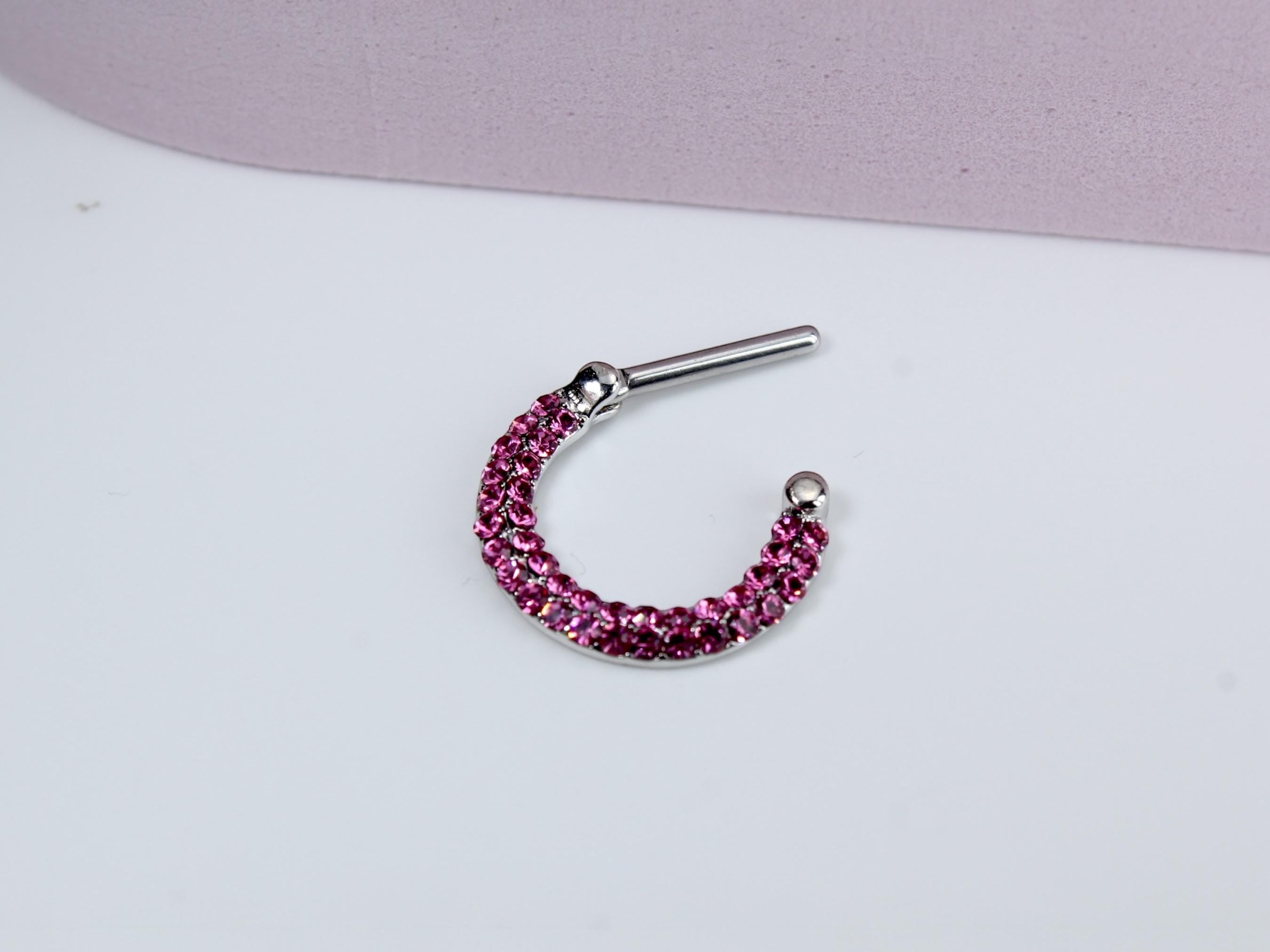 16G Septum Clicker Ring, Pink Double Line Crystal Gem Decor Hinged Septum Nose Piercing Jewelry, Dainty Nose Septum Hoop Ring,