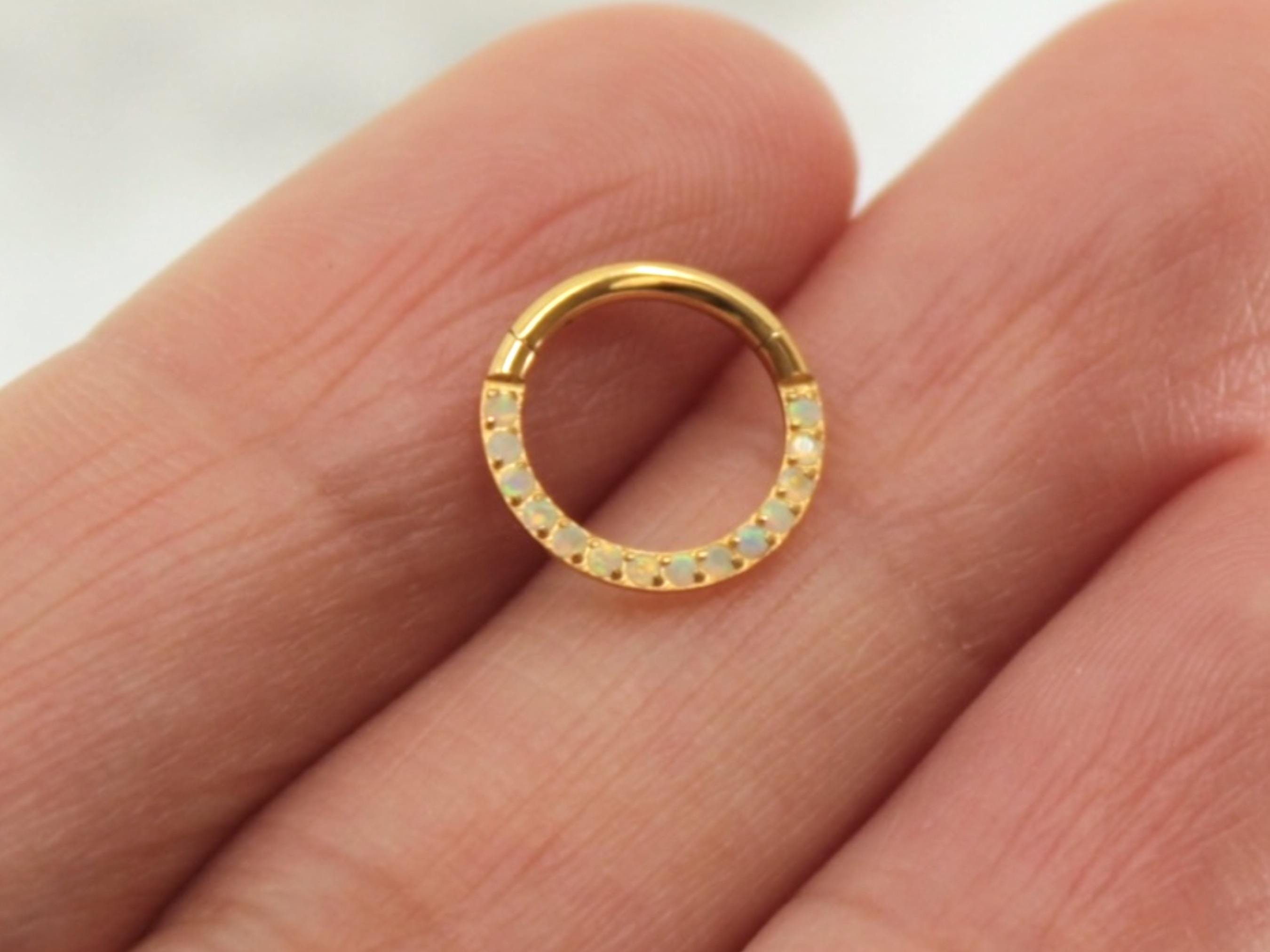 Titanium Septum Clicker Ring, 16g Dainty Gold Septum Hoop Ring, Opal Gem Hinged Segment Septum Piercing Jewelry, Nose Piercing Jewelry