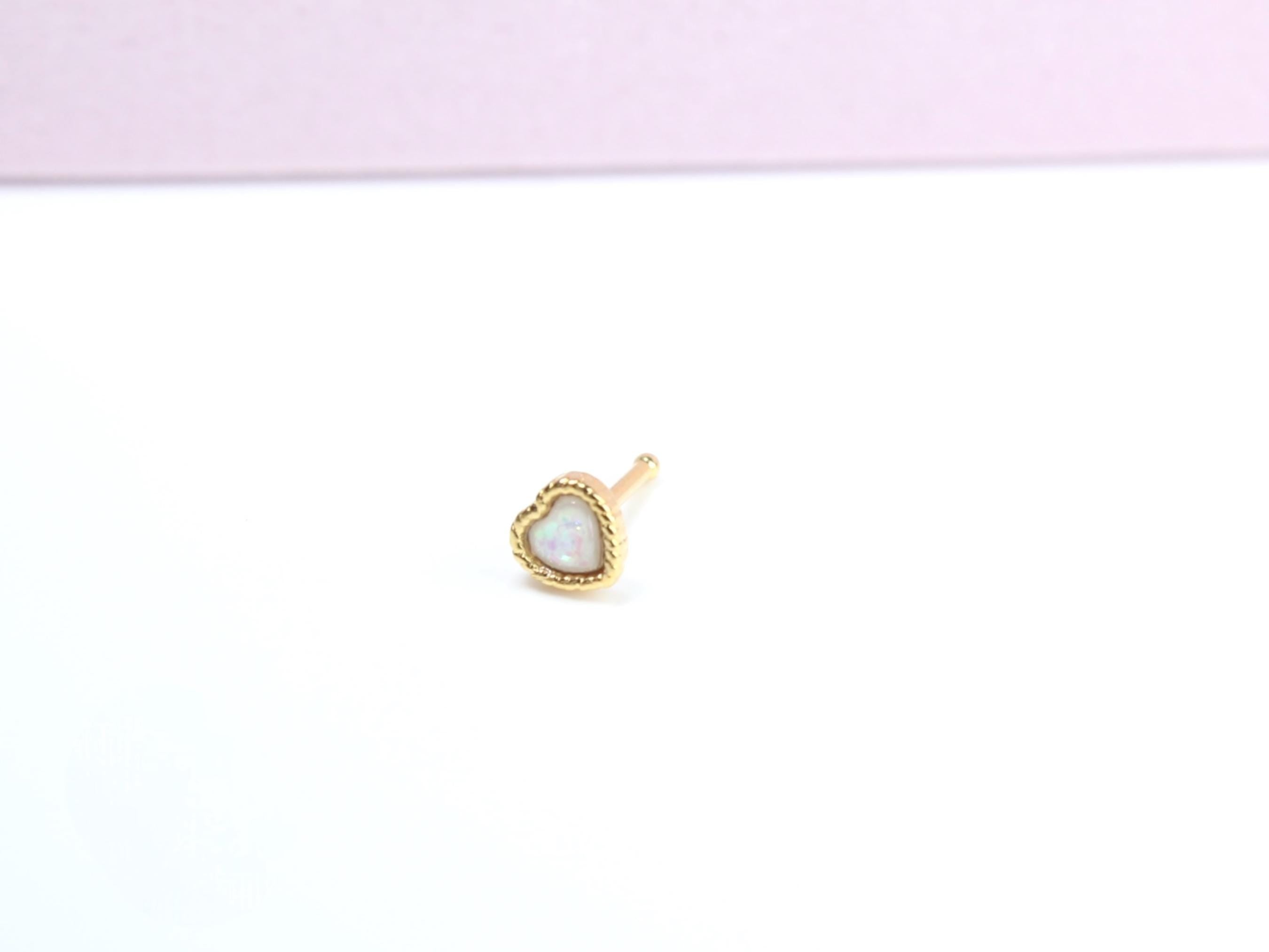 20g Heart Nose Stud, Dainty White Opal Glitter Nose Bone Stud,Ball End Nose Piercing,Thin Nose Stud, Gold Nose Ring, Hypoallergenic Jewelry