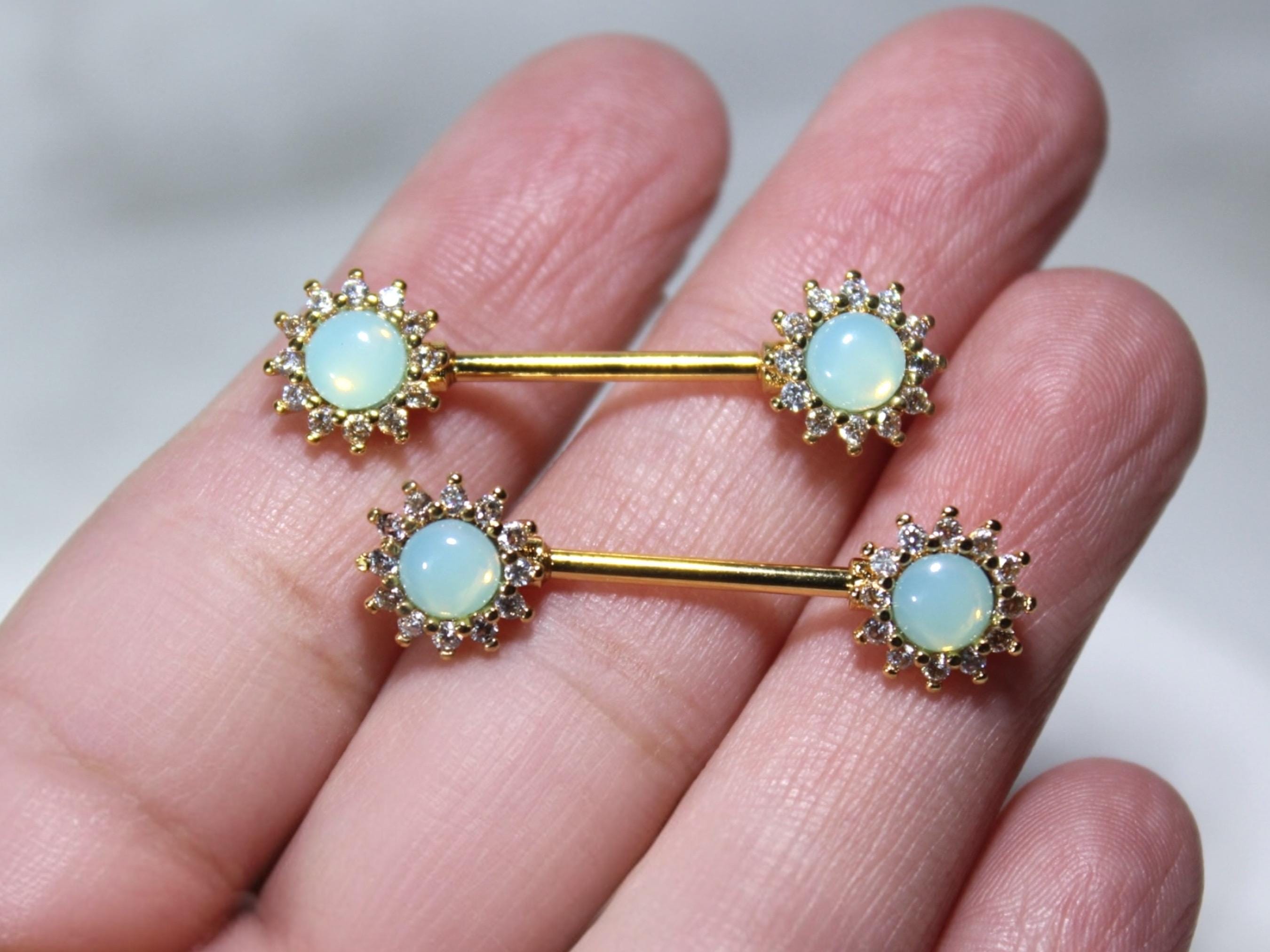 Green Opal Nipple Ring, 14G Dainty Opal Sun Nipple Piercing Jewelry, Gold Personalized Body Piercing Jewelry, Nipple Barbell Set of 2