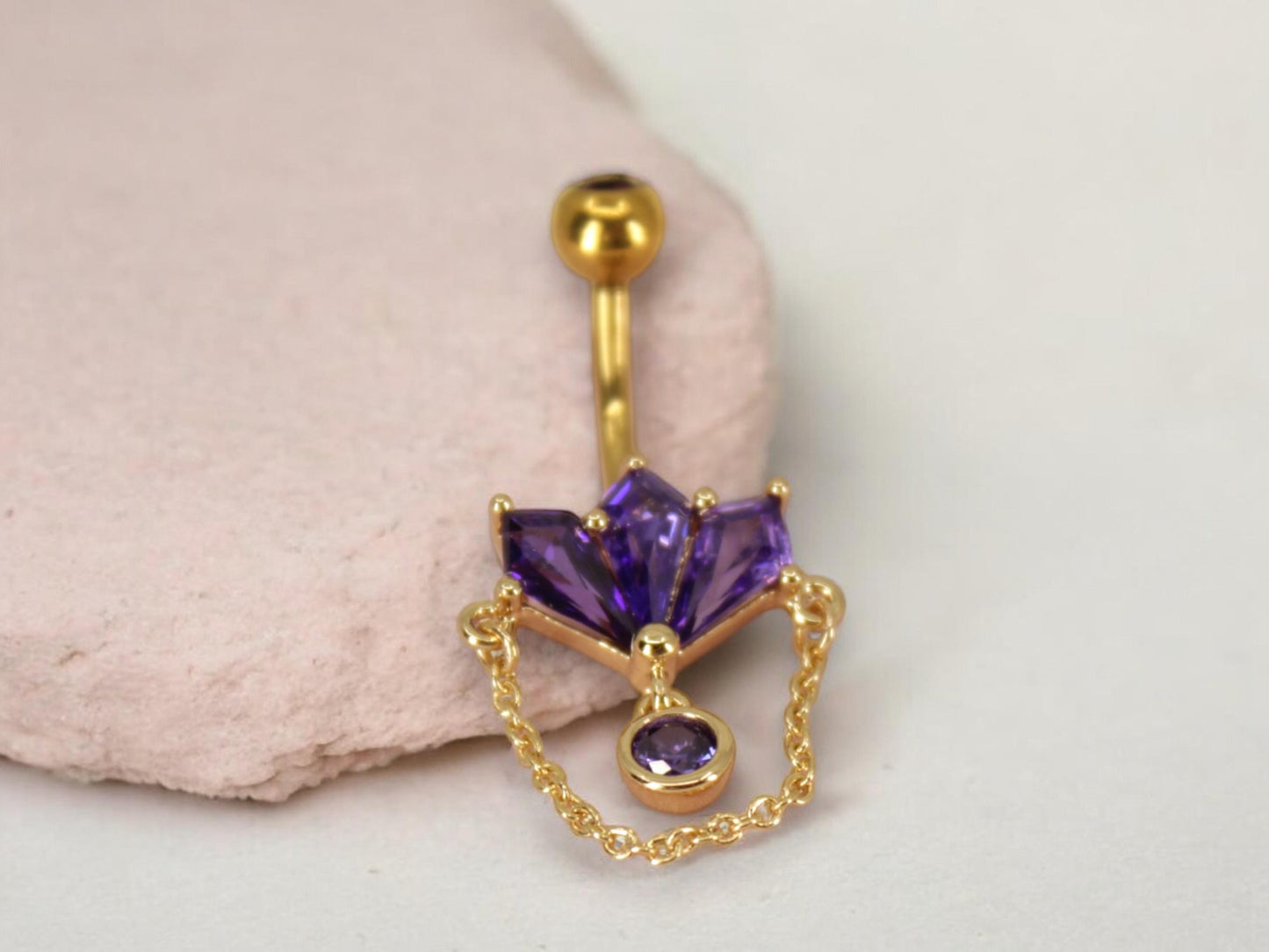 14G Gold Chain Dangling Belly Button Ring – Purple Marquise Gem Charm