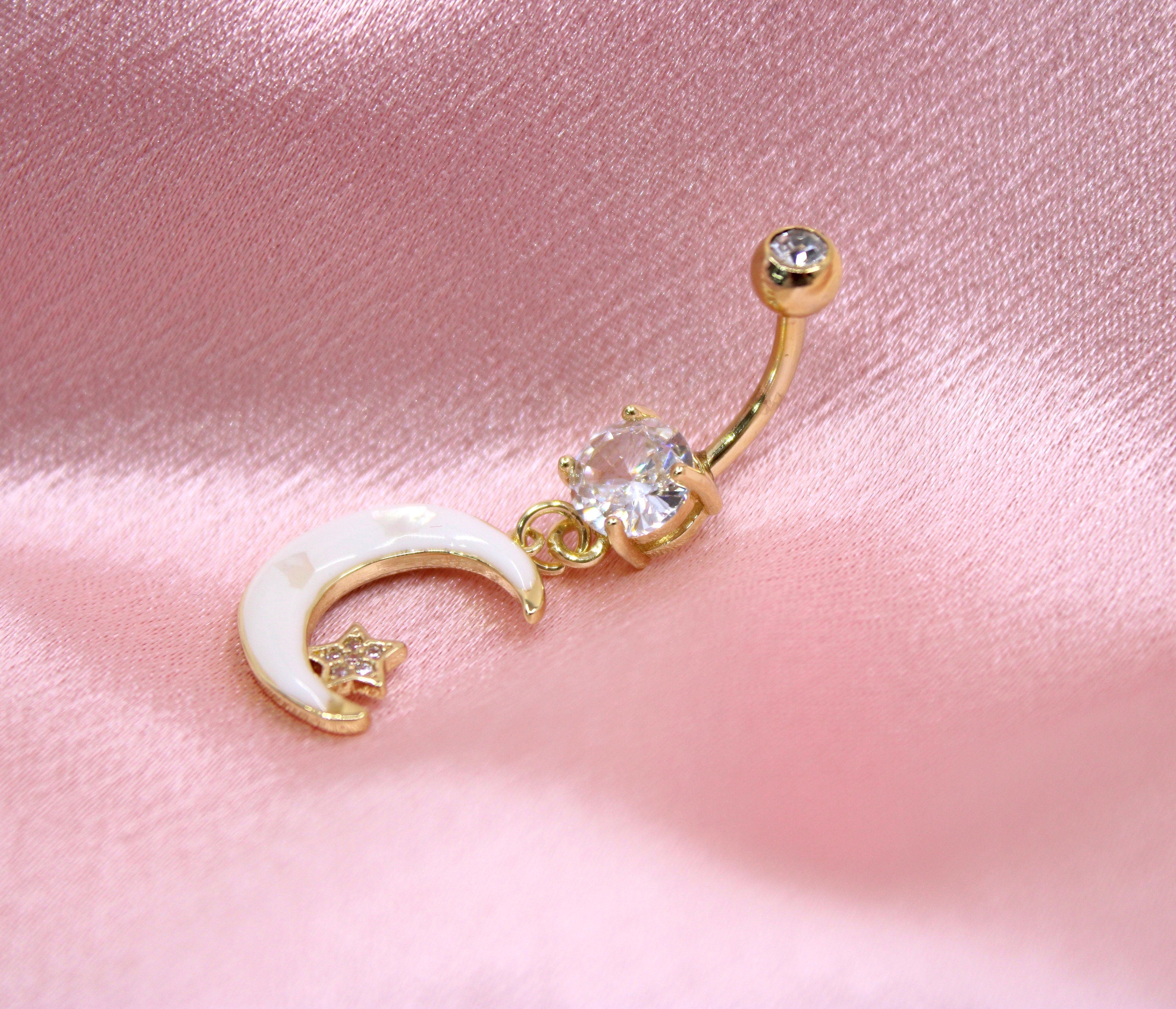 Moon Belly Ring, White Moon & Star Dangling Belly Button Ring Piericng Jewelry, Clestial Themed Jewelry, 14g  Navel Piercing