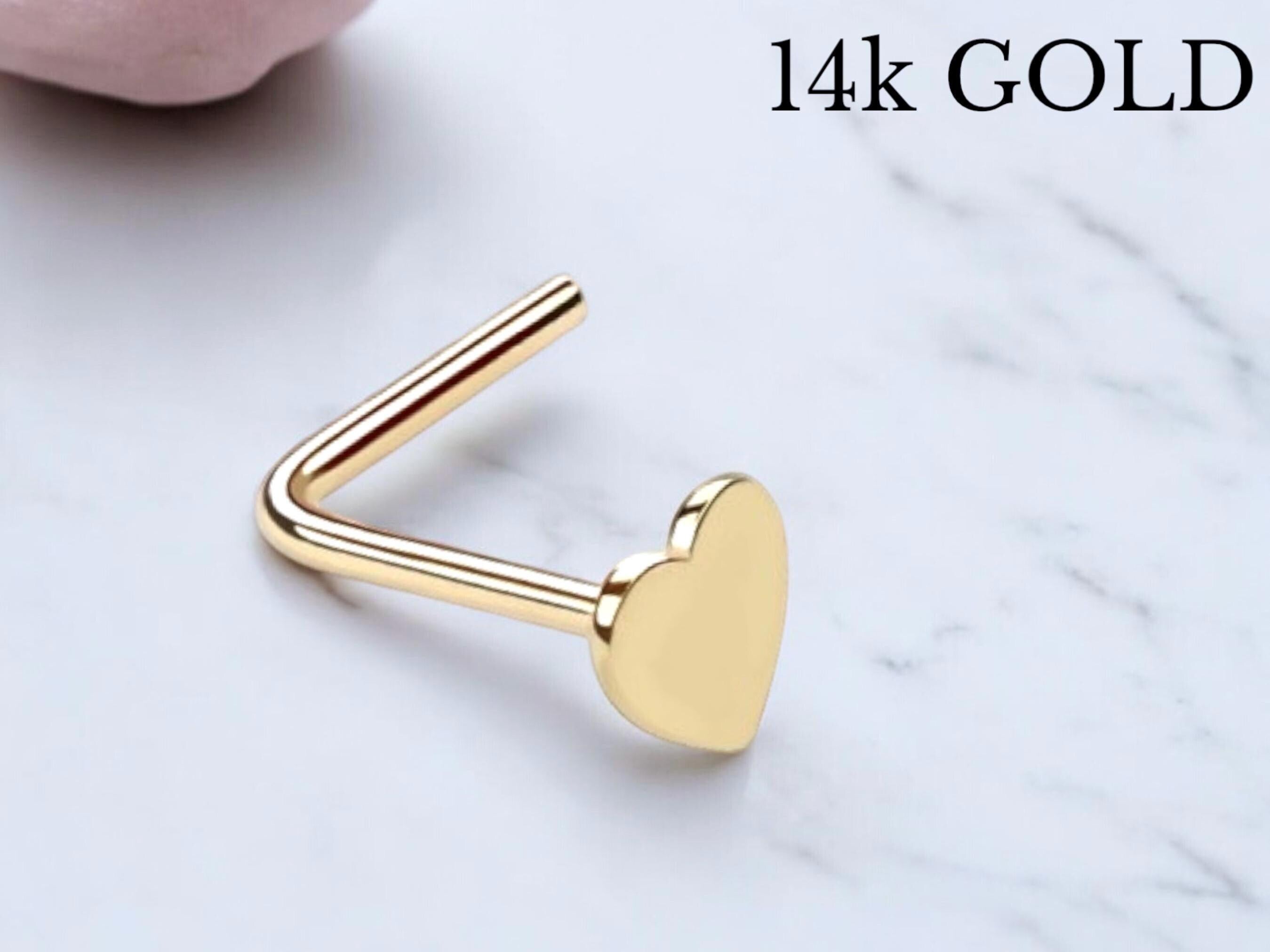 14K Gold Heart Nose Stud, 20G L-Shaped Piercing Jewelry, Minimalist Solid Gold Nose Ring, Thin Nose Gold Nose Stud