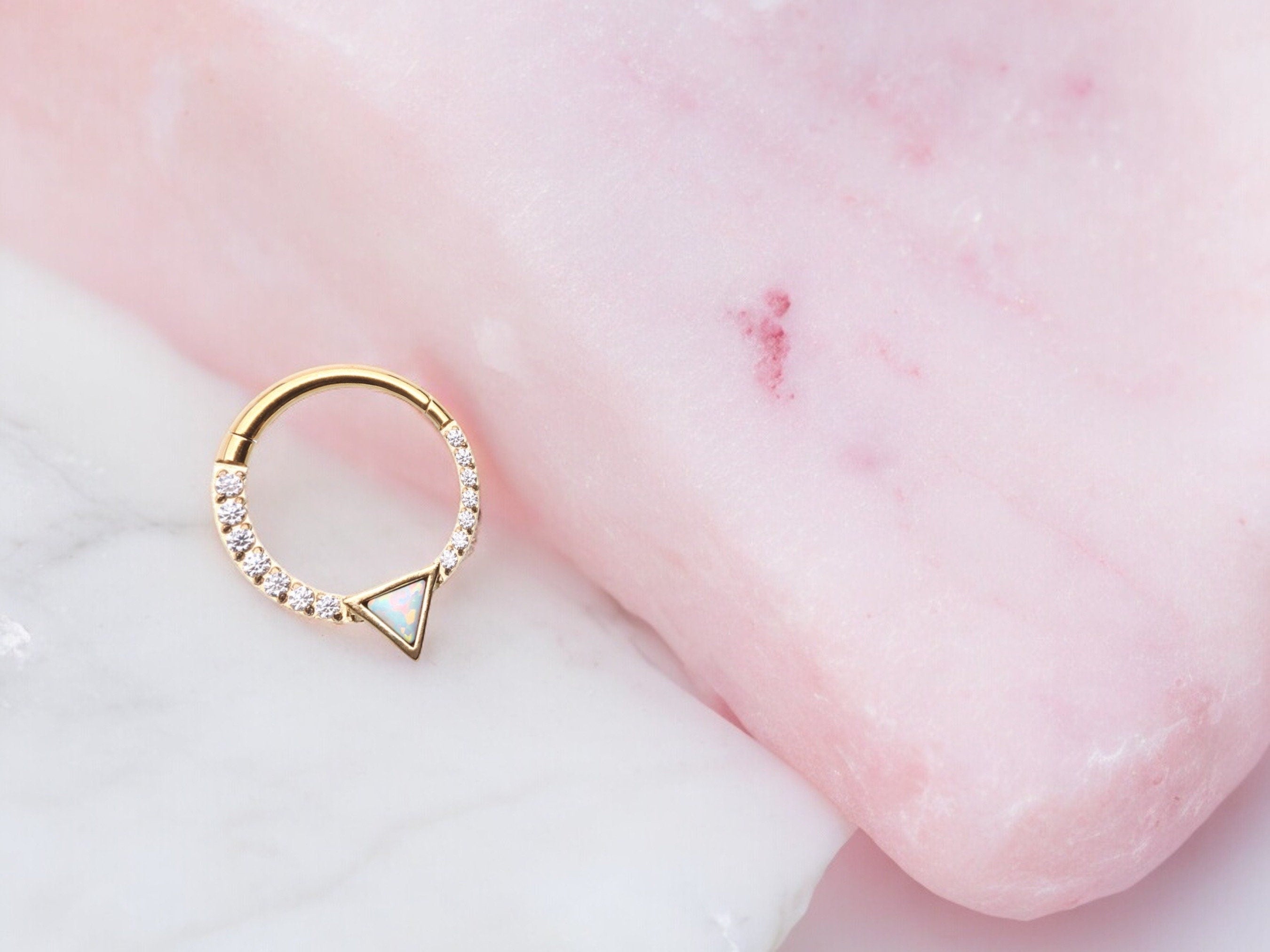 16g Gold Opal Triangle Multi-Gem Septum Clicker Hoop. CZ V-cut shaped clicker hoop ring. Seamless Septum Ring. Nose Piercing Jewelry.